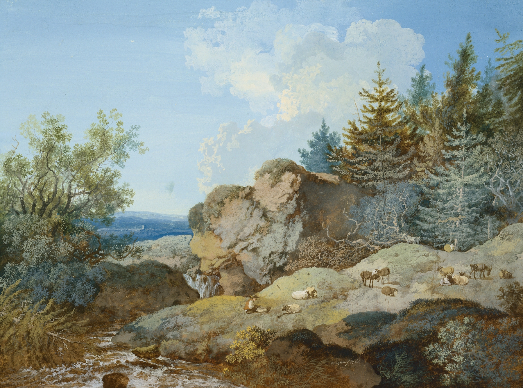 Landscape with mountains, herd, and water by Johann Georg Wagner, oil painting.