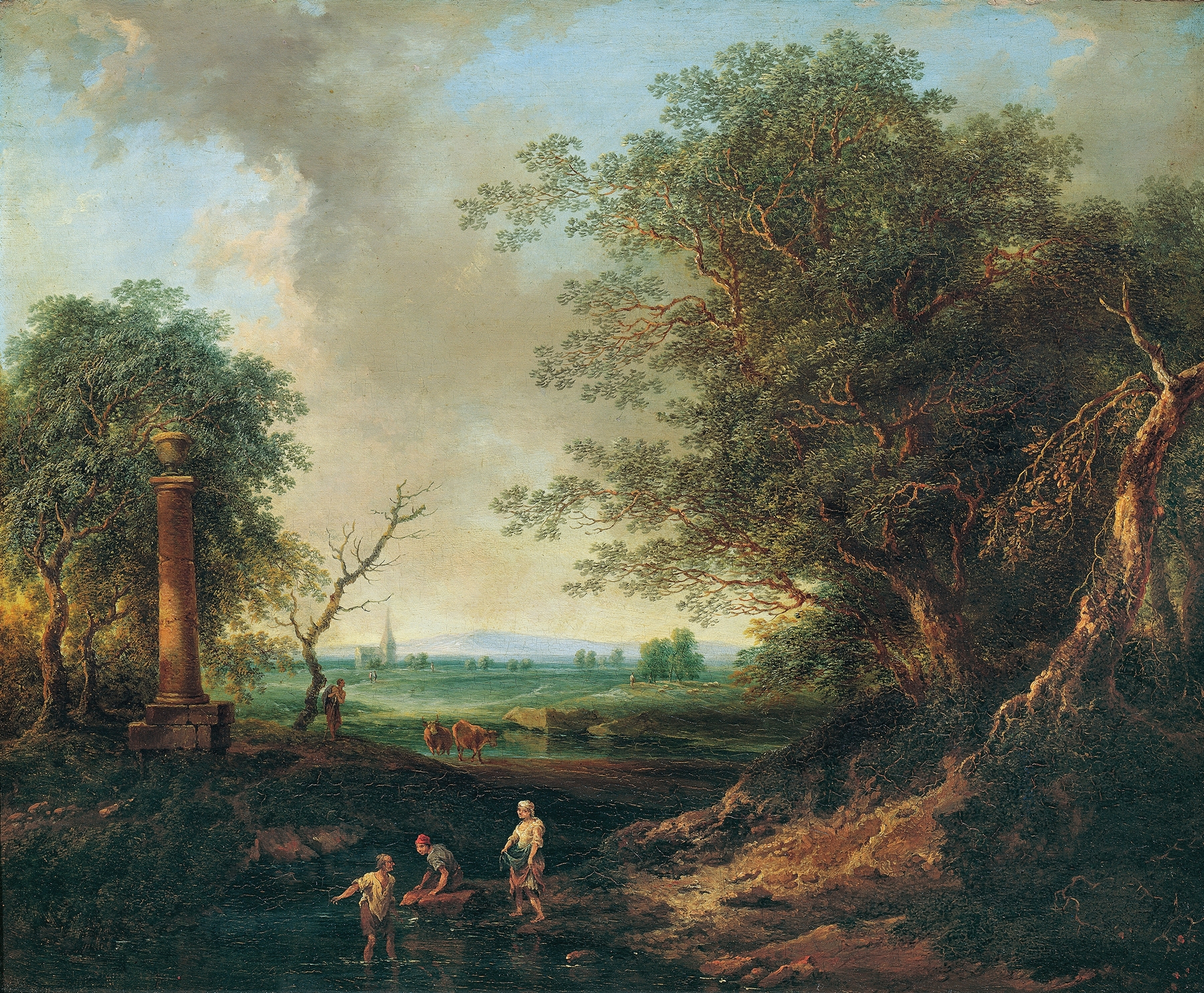 Landschaft mit Säule by Christian Hilfgott Brand, oil on canvas depicting a serene landscape with a column.