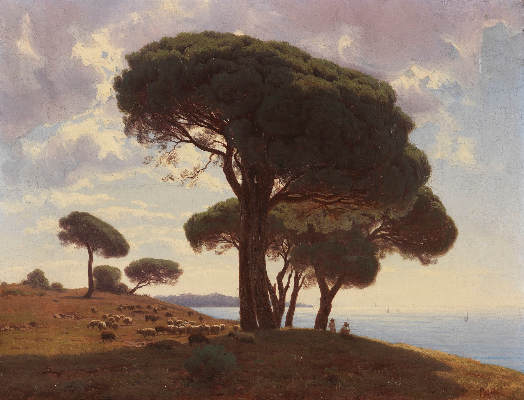Südliche Küstenlandschaft mit Schafherde by Mikhail Spiridonovich Erassi, oil on canvas depicting sheep in a coastal landscape.