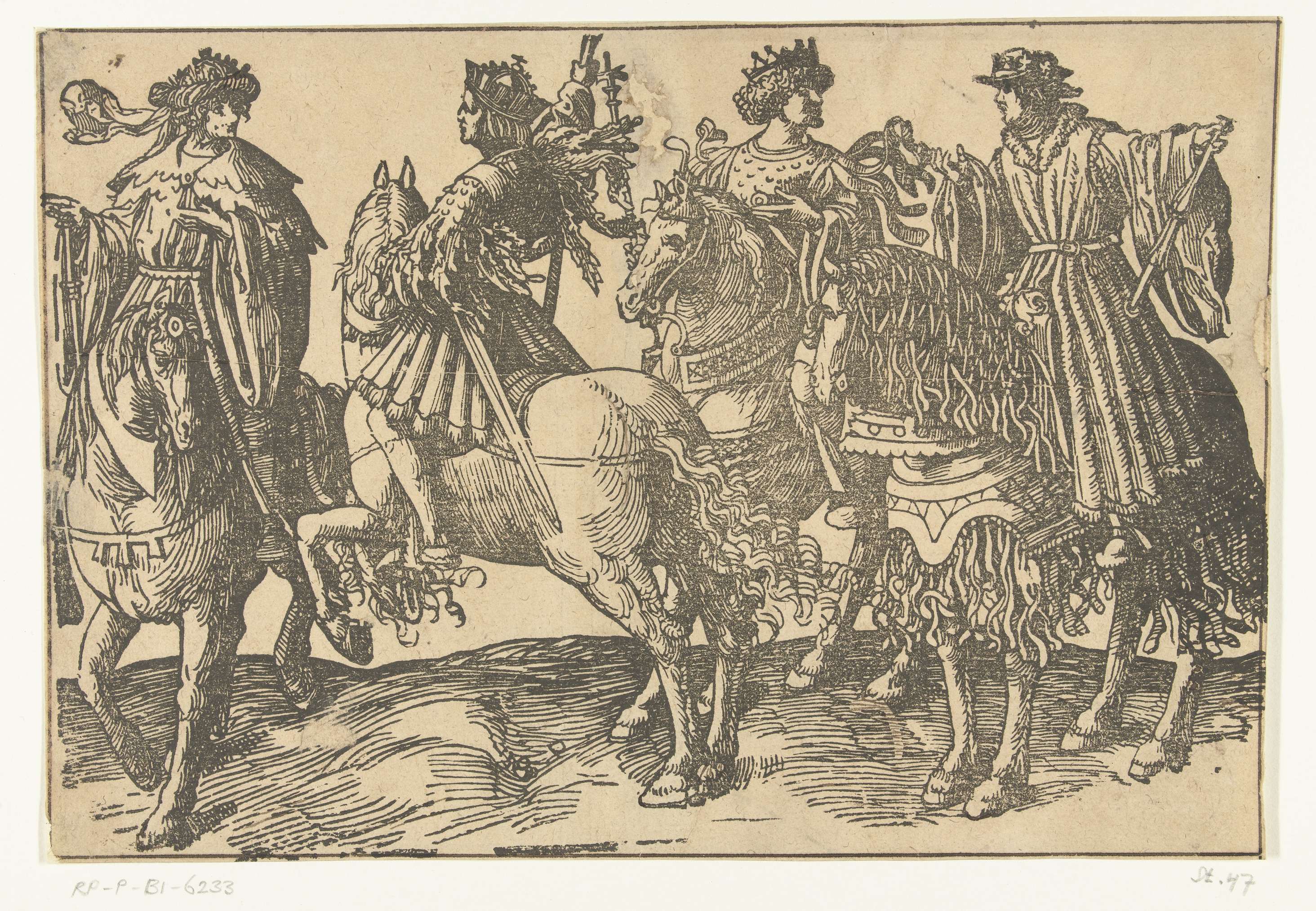 Four armored riders in a historical scene, paper artwork by Jacob Cornelisz van Oostsanen