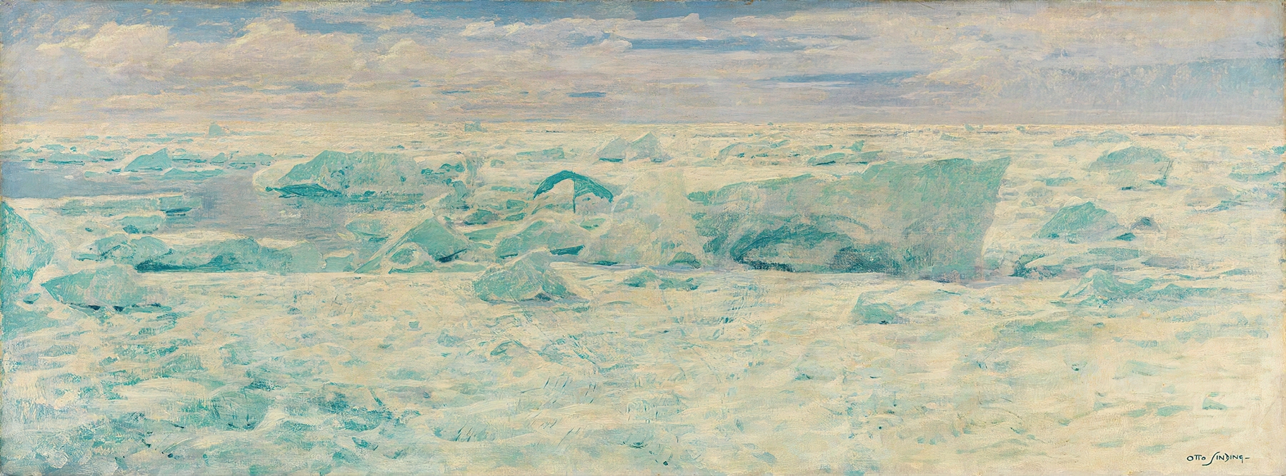 Ice Floes in the Arctic Ocean by Otto Sinding, oil painting depicting ice and ocean.