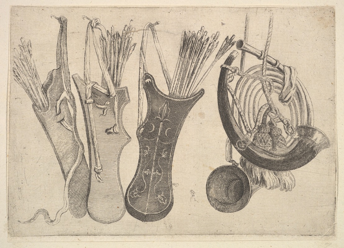 A still life featuring quivers and hunting horns by Wenceslaus Hollar.