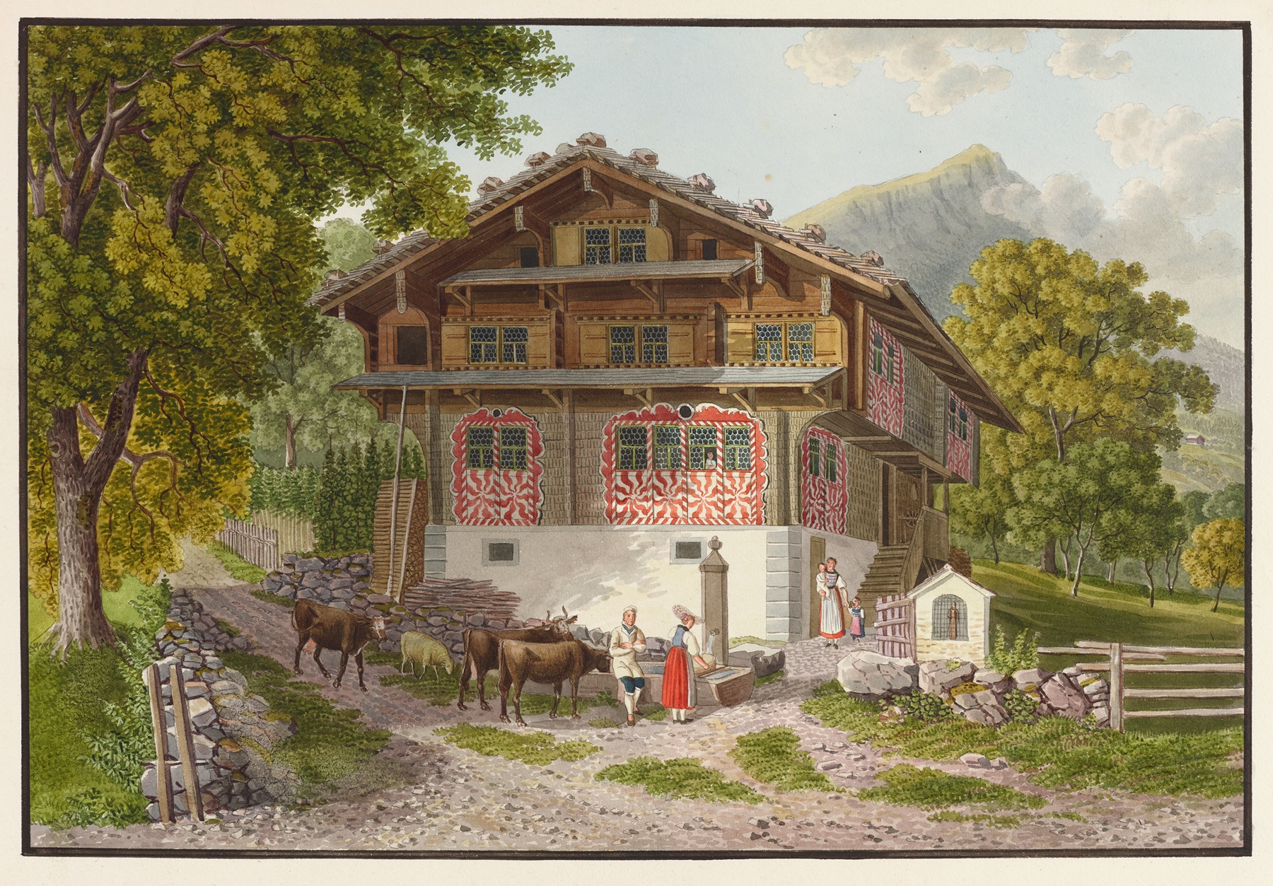 Oil painting of Unterwaldner Bauernhaus by David Alois Schmid, depicting a wooden house in sunlight.