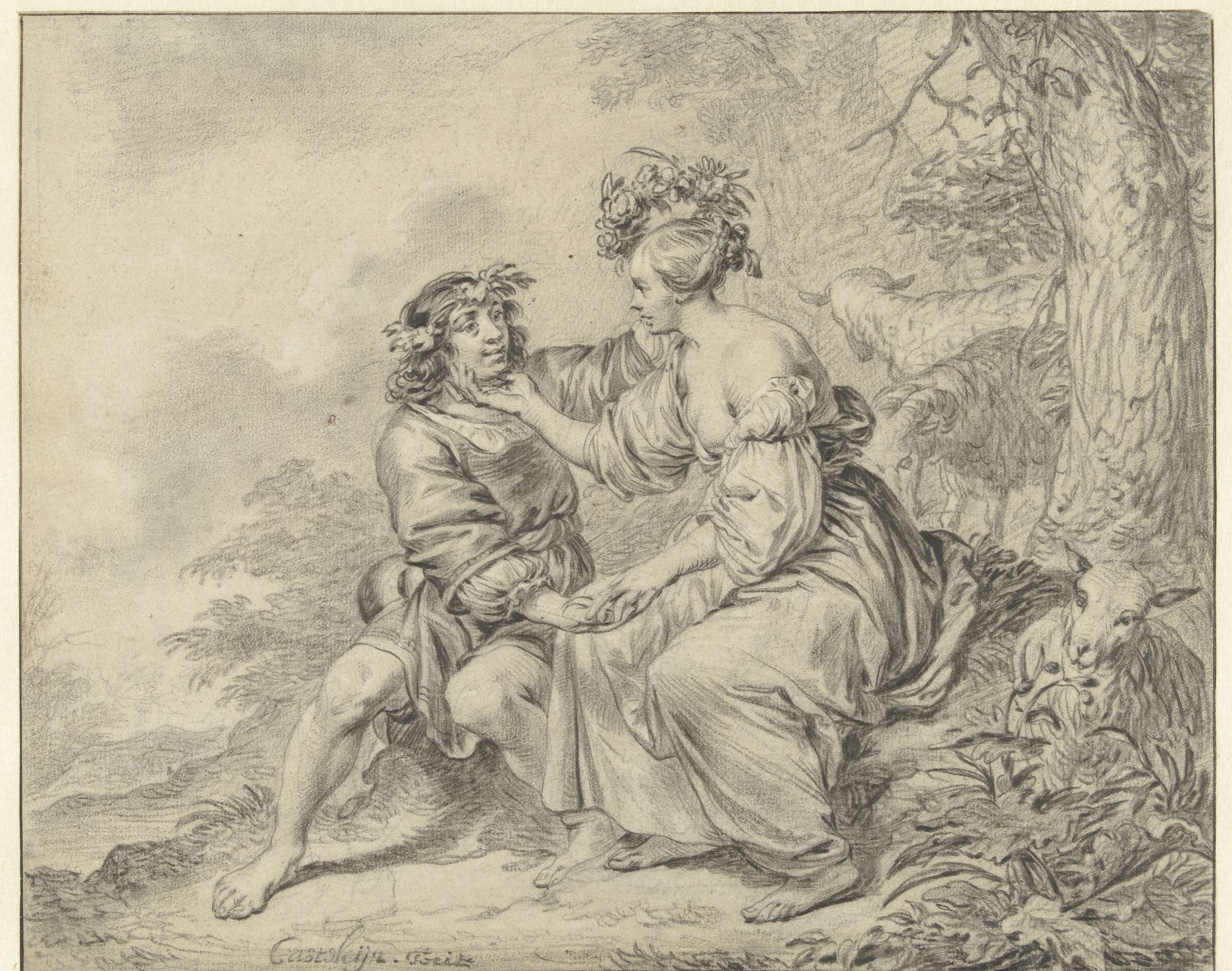 Shepherd and Shepherdess Seated in a Landscape, drawing by Casper Casteleyn