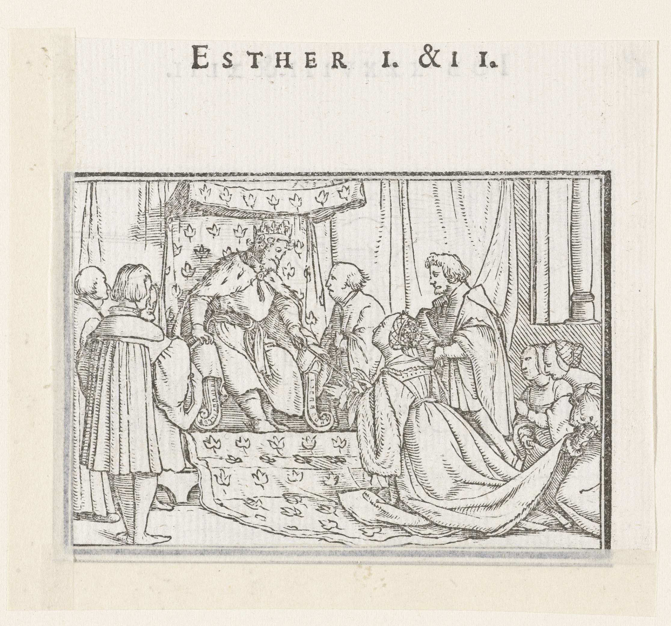 Ester wordt voorgesteld aan Ahasveros by Hans Holbein (II), paper medium, featuring Esther in a royal gown with Ahasveros
