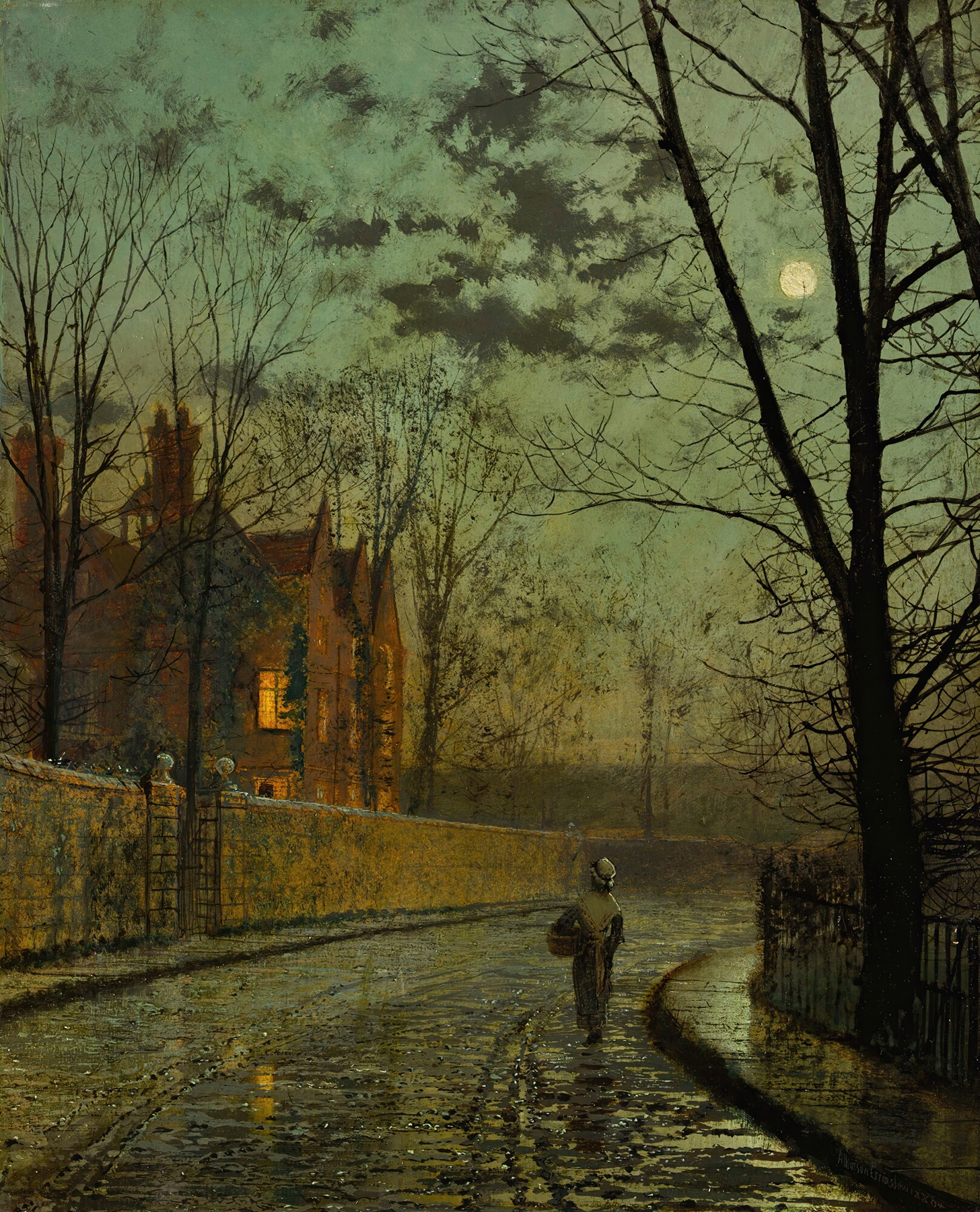 Genre scene of cobblestone street with gas lamps and water reflections, by John Atkinson Grimshaw, oil painting