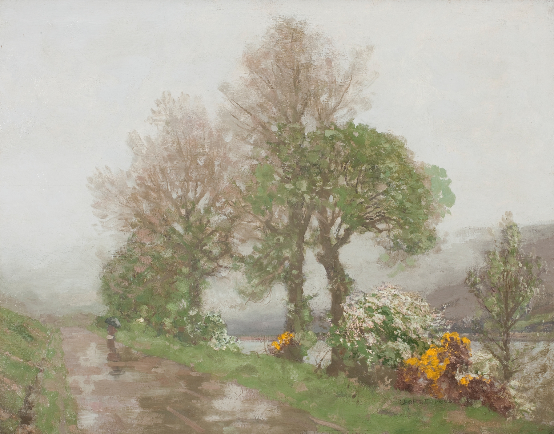 A path beside the river, oil on canvas by George Houston, depicting a serene landscape with gentle light.