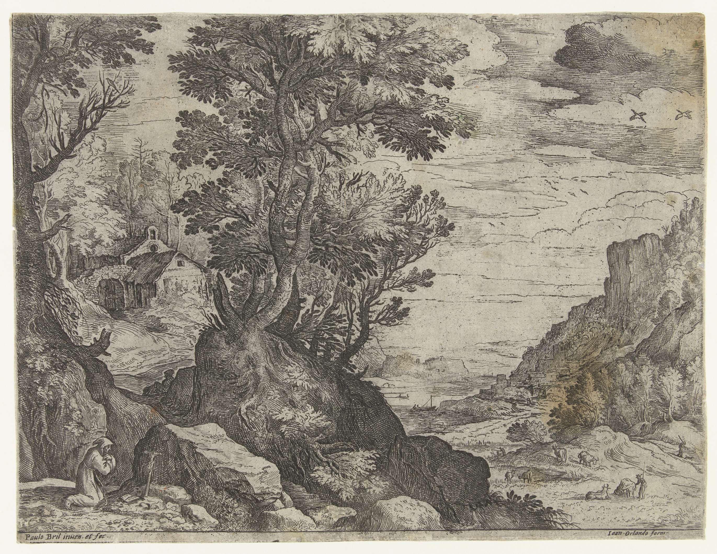 Etching by Paul Bril depicting a hermit in prayer among rolling hills.