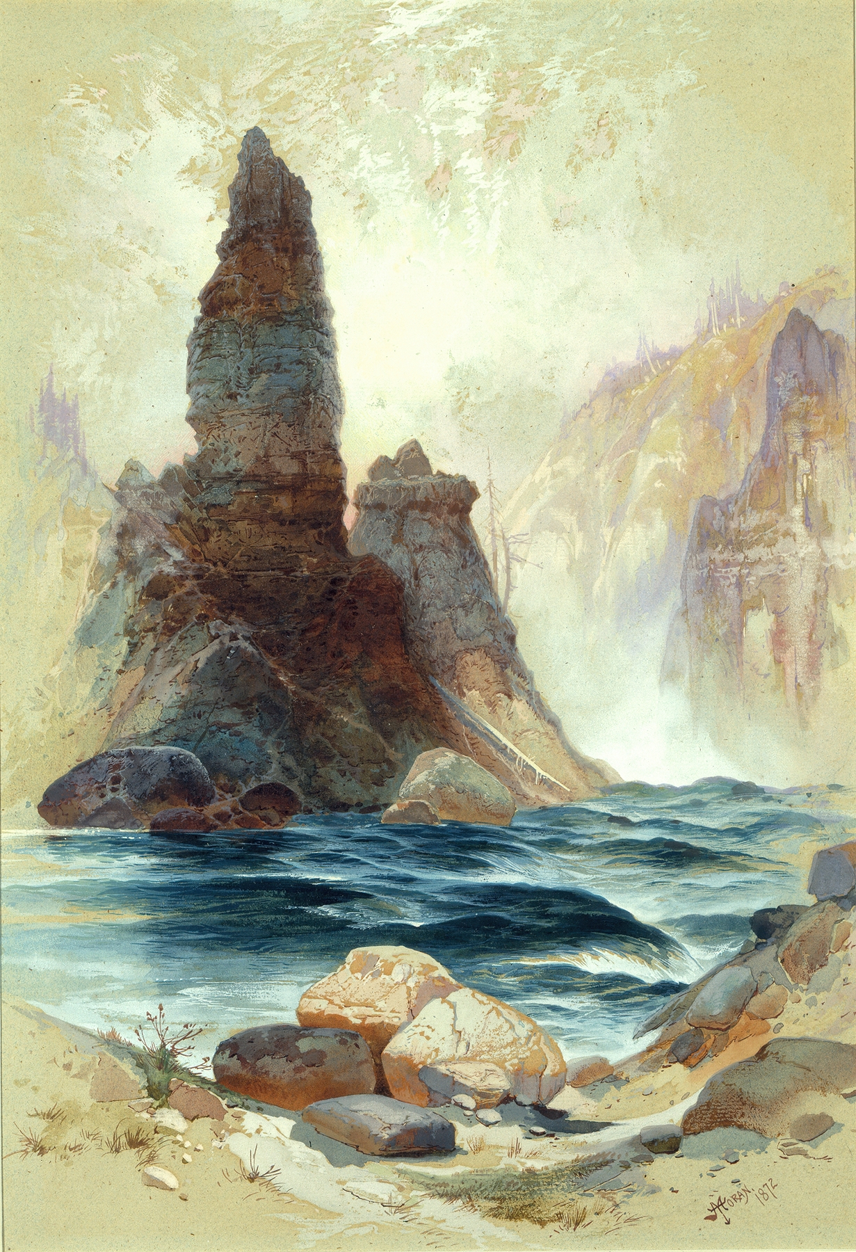 Above Tower Falls, Yellowstone by Thomas Moran, oil painting depicting a waterfall and mountains