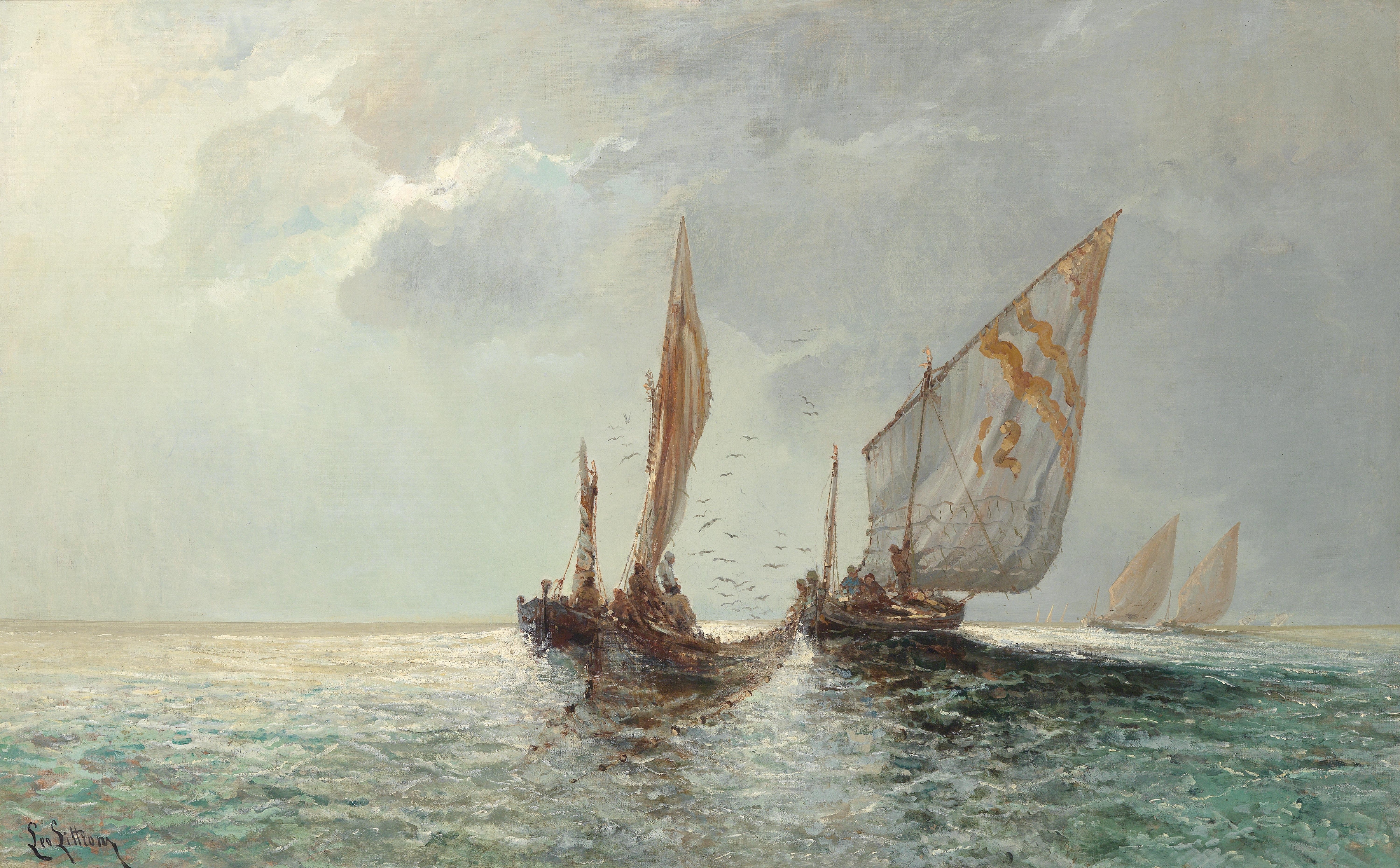 Fishing boats on the coast, oil on canvas by Leontine von Littrow
