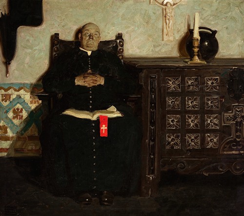 A portrait of a priest set against a Spanish city backdrop.
