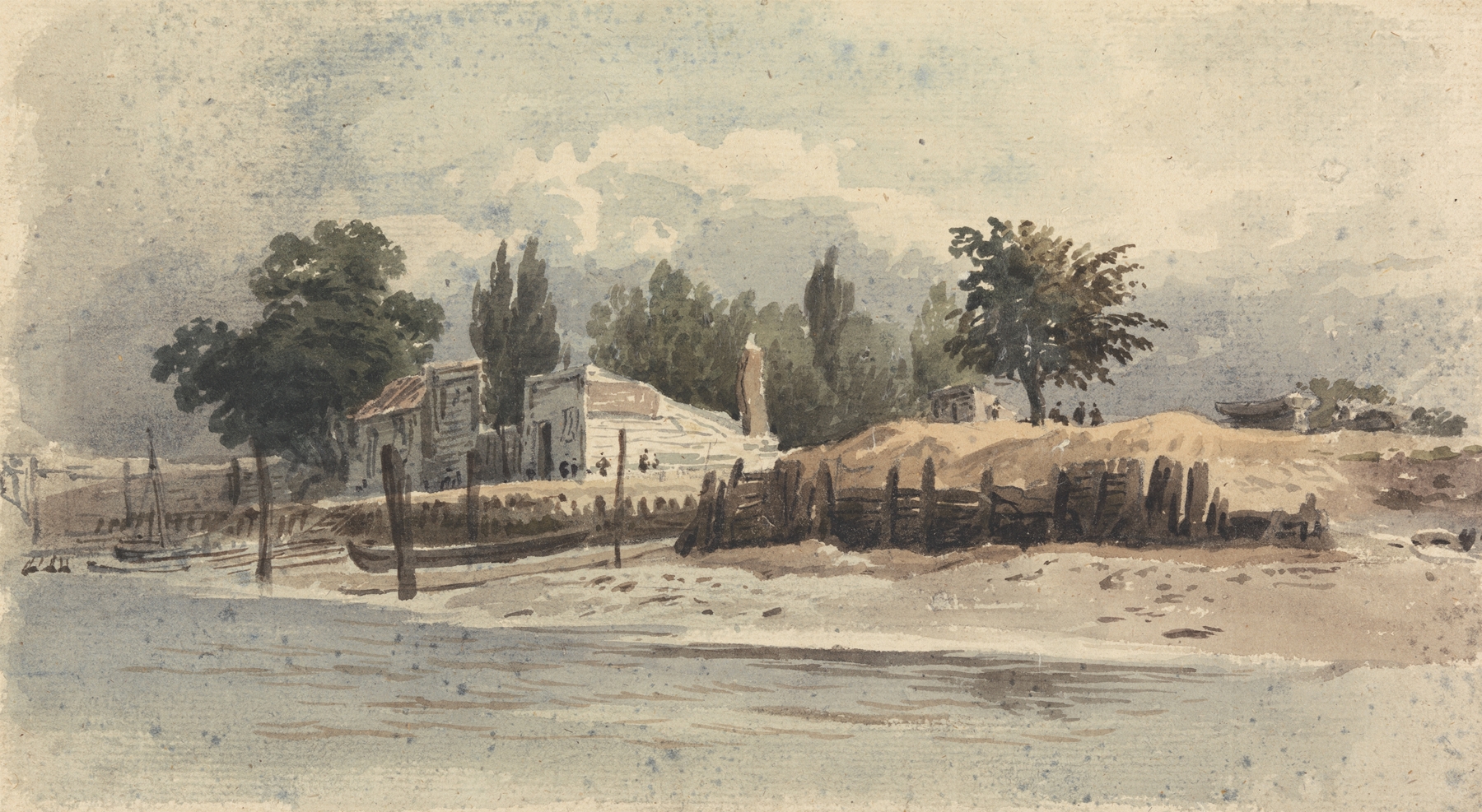 Watercolour by John Varley depicting a serene landscape with a river and golden light.