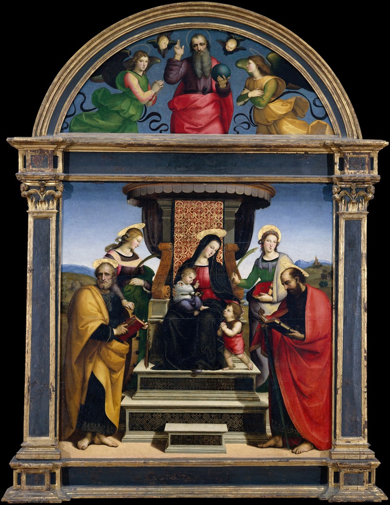 Raphael's 'Madonna and Child Enthroned with Saints' showcases a serene depiction of the Virgin Mary and Christ.