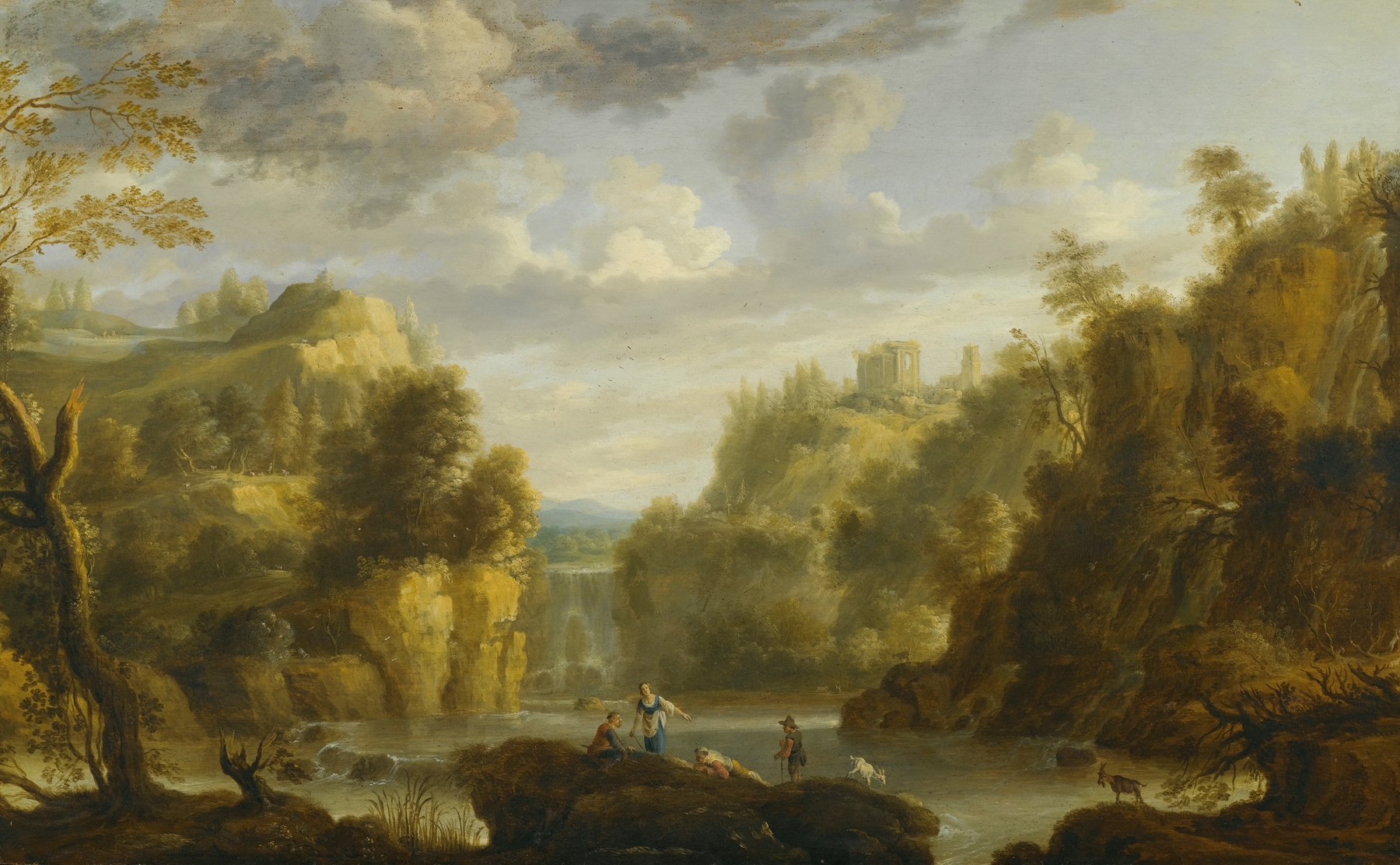Mountain landscape with a waterfall and temple view, oil painting by Gillis Peeters the Elder