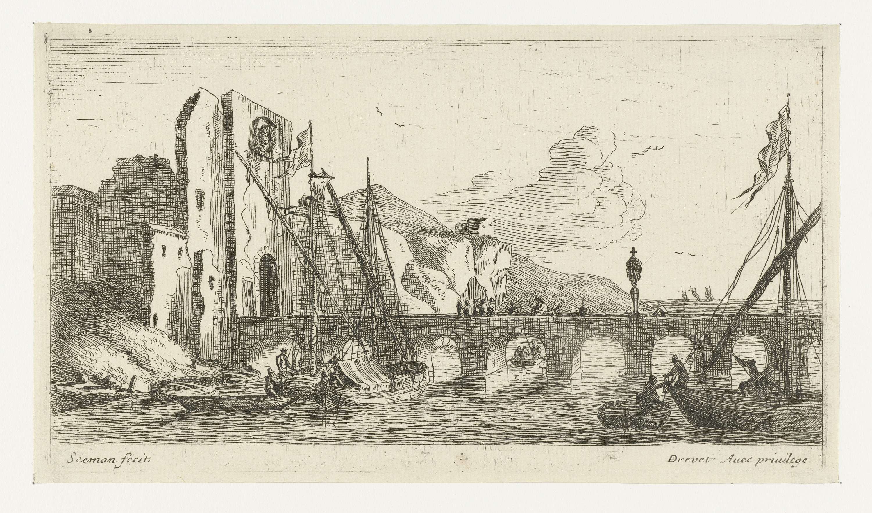 Landscape etching by Unknown Artist depicting a bridge and ruins