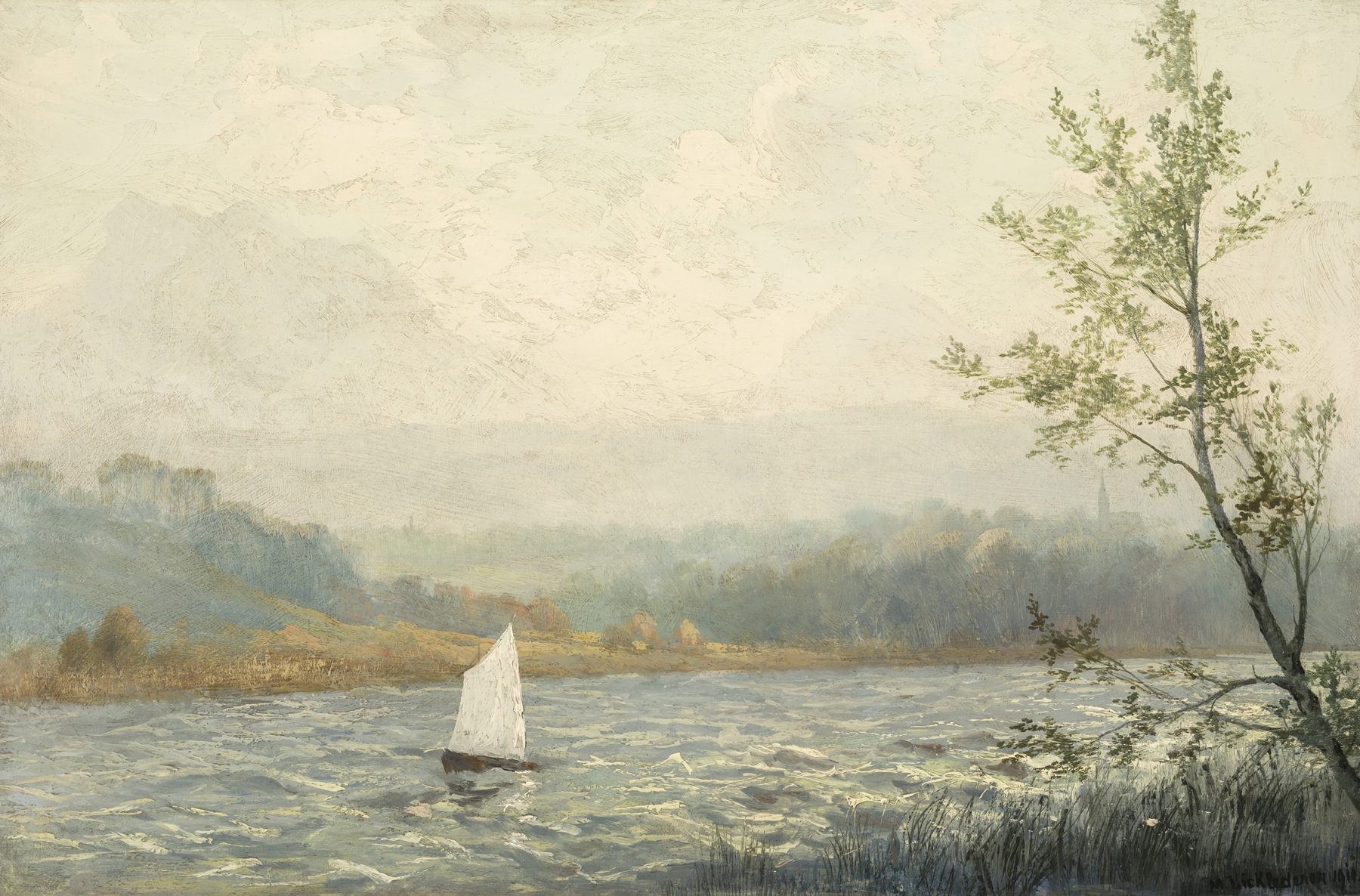 Oil painting by Michael Licklederer depicting a small boat in stormy waves on a lake.