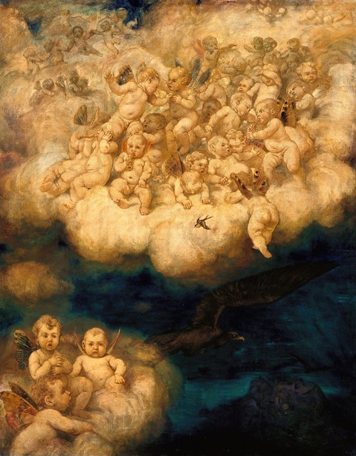A painting depicting a cloud filled with angels in soft, bright colors.