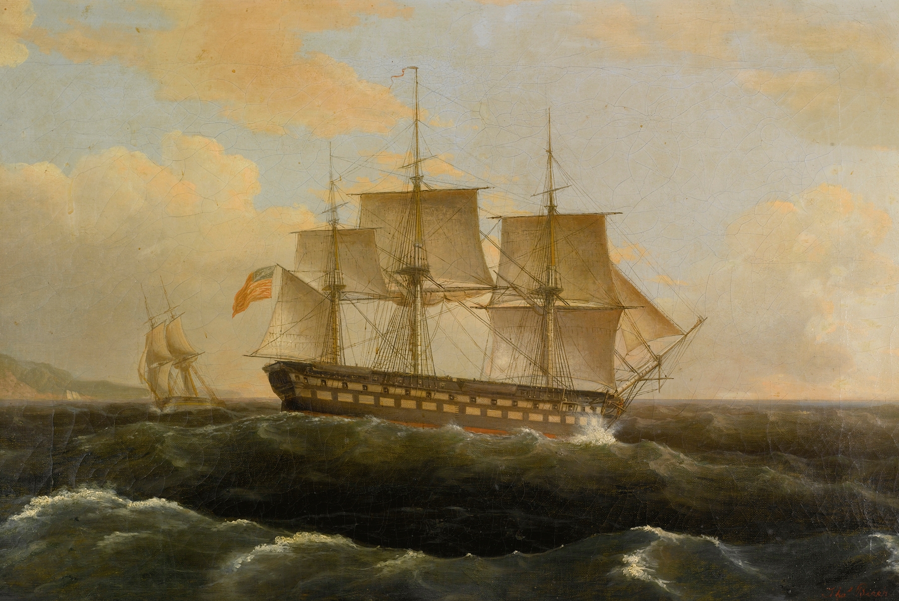U.S. Frigate President by Thomas Birch, oil painting depicting a ship in a stormy sea