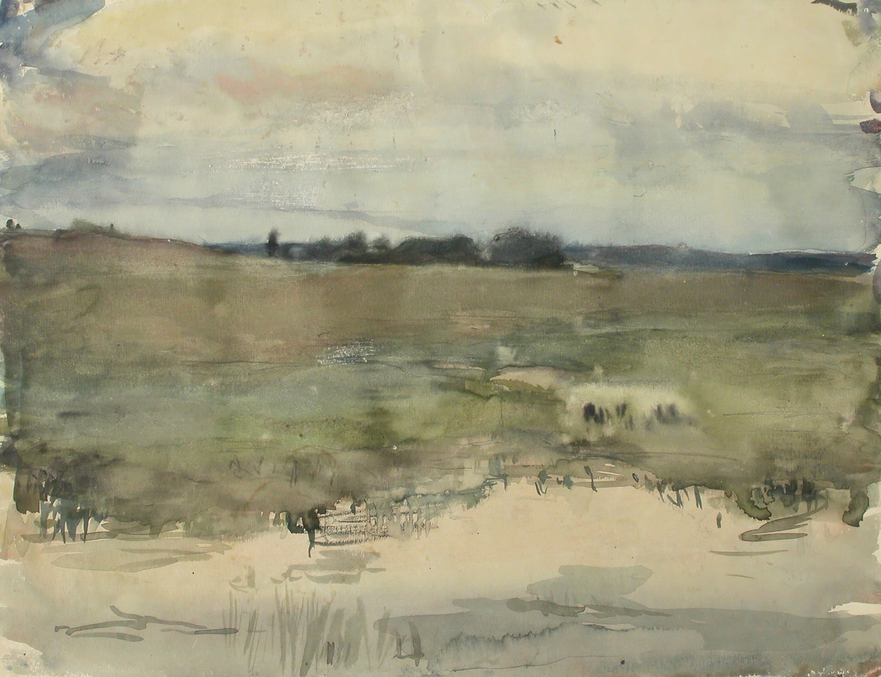Landscape by Magnus Enckell, depicting gentle hills in soft colors, oil painting