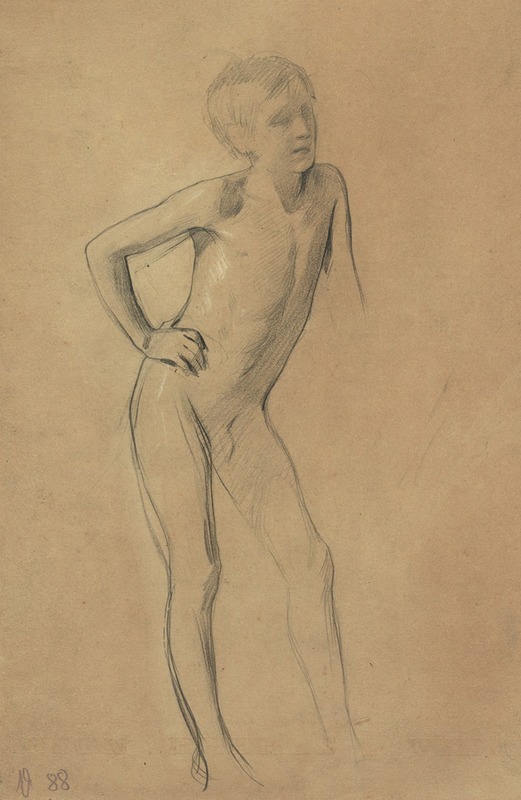 Gustav Klimt's 'Stehender Knabenakt' features a standing male nude in a decorative style.