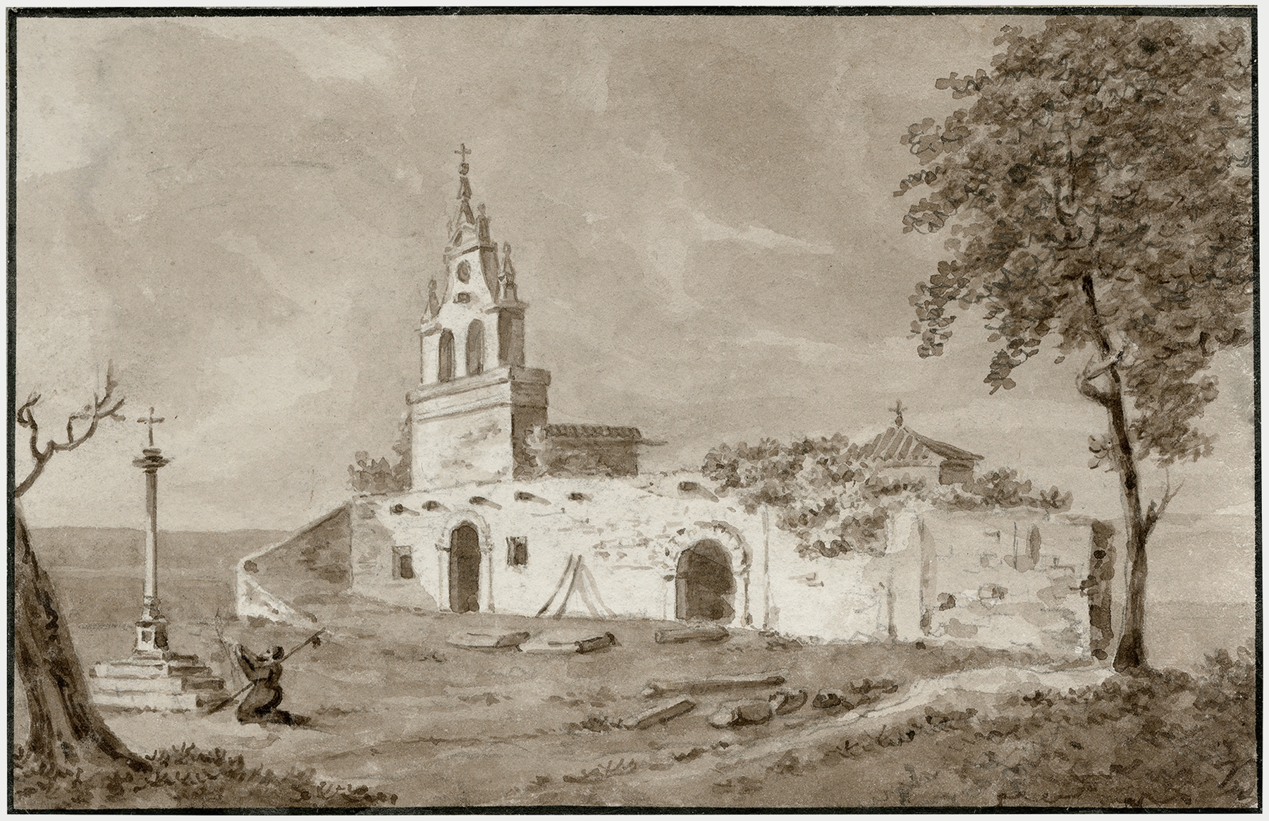 Ruïne van een kerk in La Manche by Otto Howen, oil on canvas depicting a crumbling church in a landscape.
