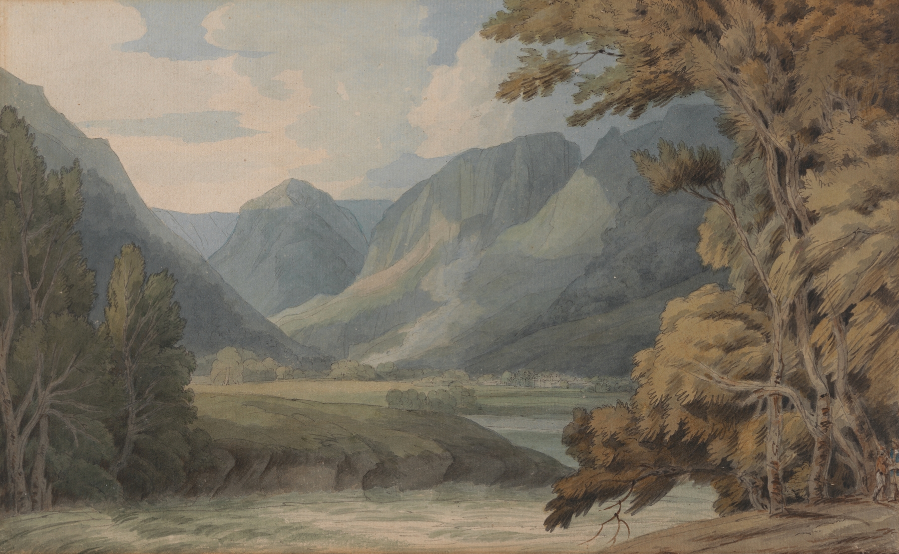 Watercolour by Francis Towne depicting Eagle Crag and Rosthwaite in a tranquil landscape.