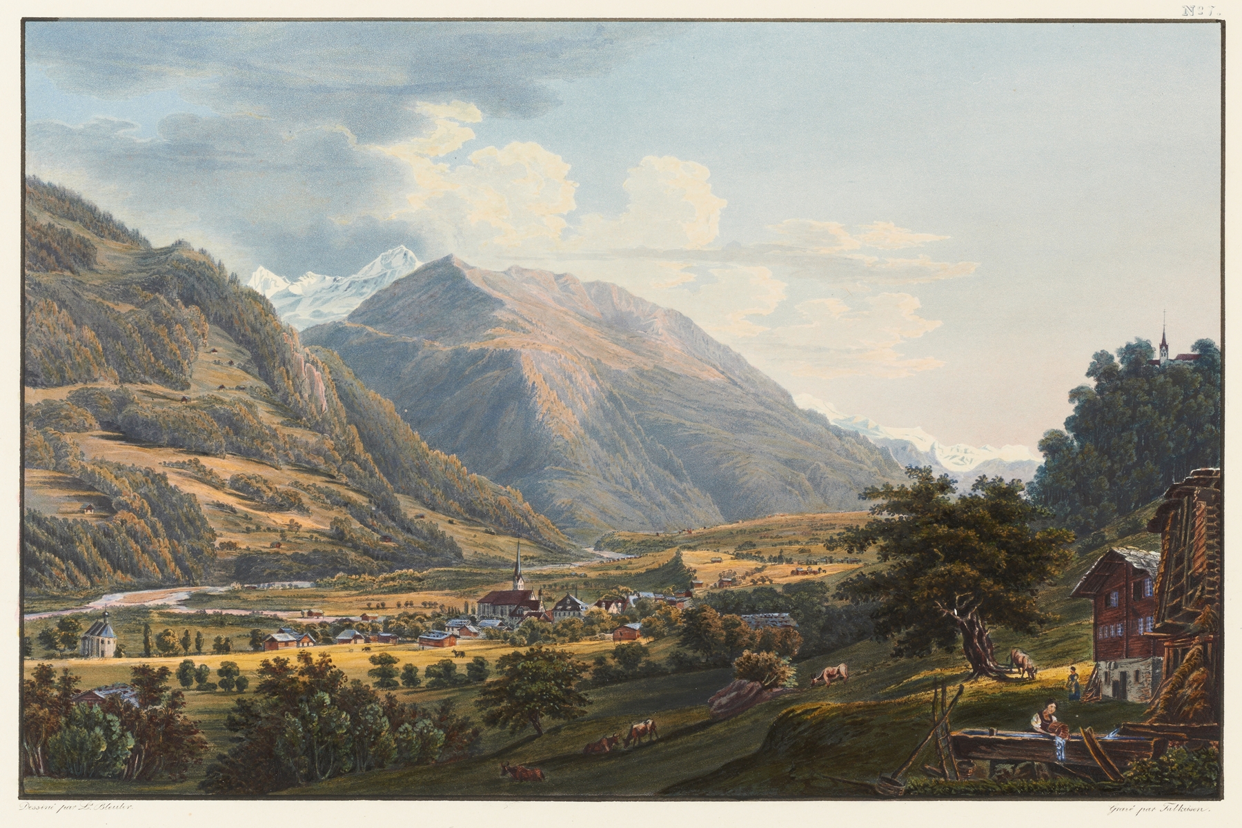 Landscape depicting a village with cottages and rolling hills by Johann Ludwig Bleuler