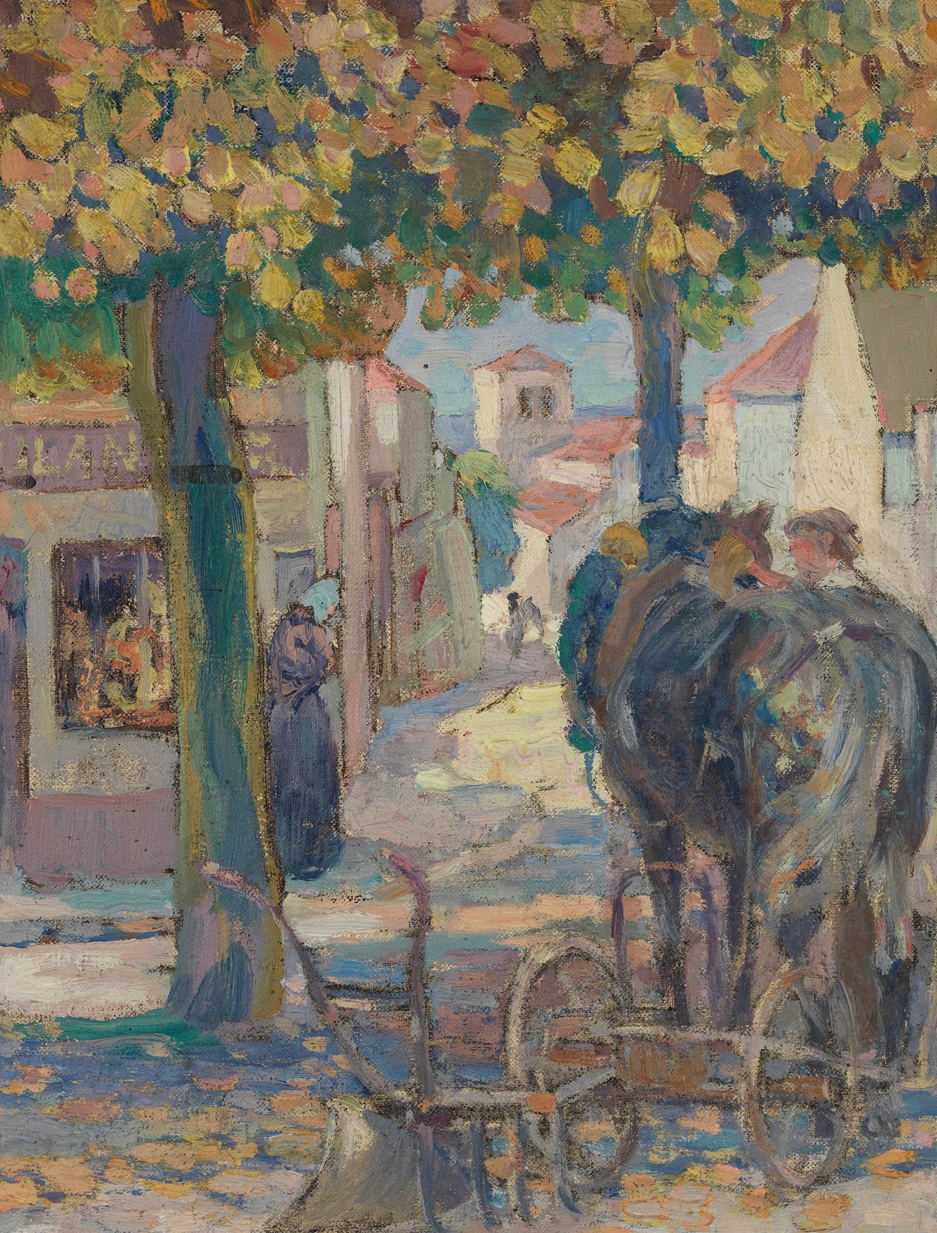Genre scene of a village square with figures, oil painting by Victor Menu