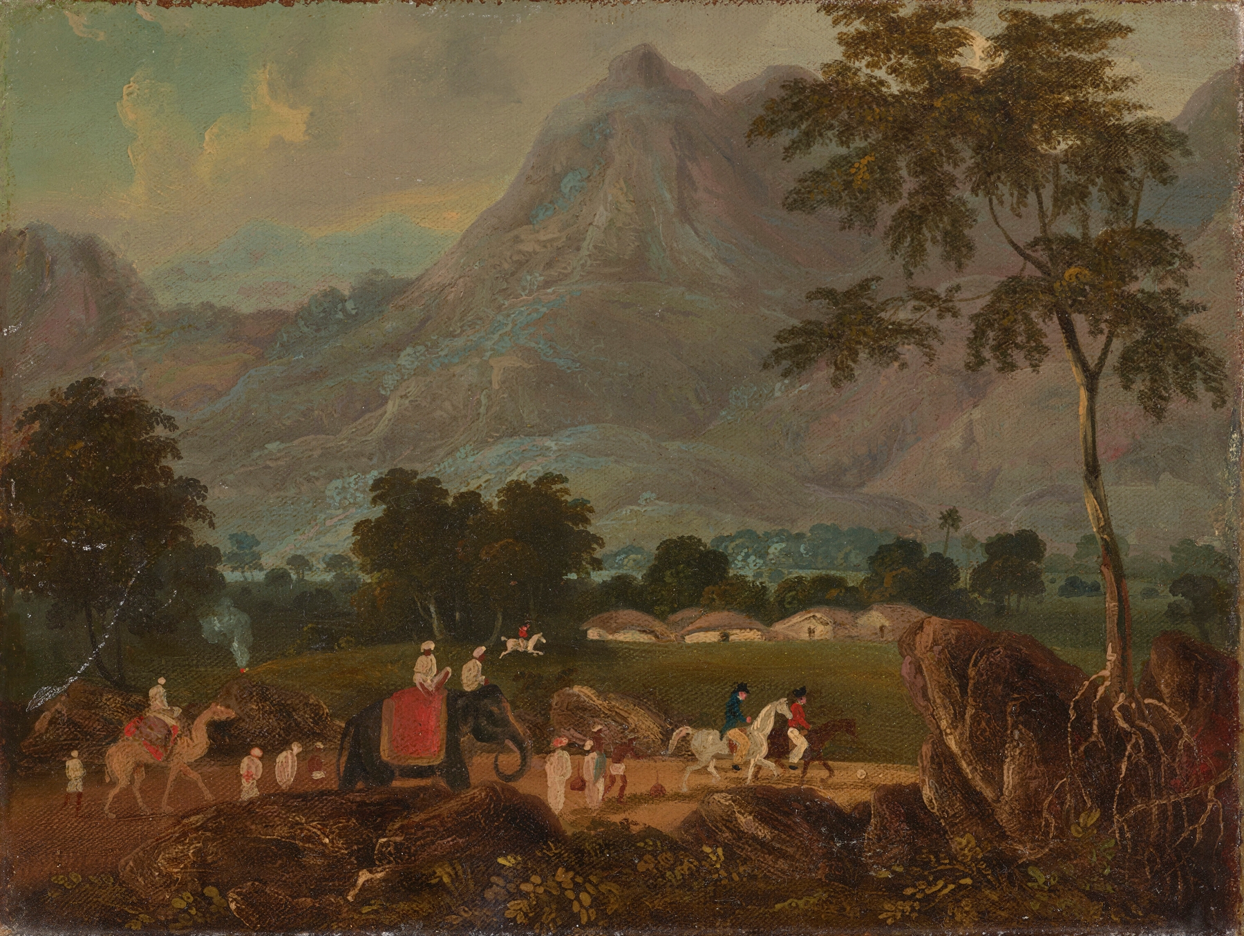 Watercolour by Sir Charles D'Oyly showing a road with an elephant and a camel.