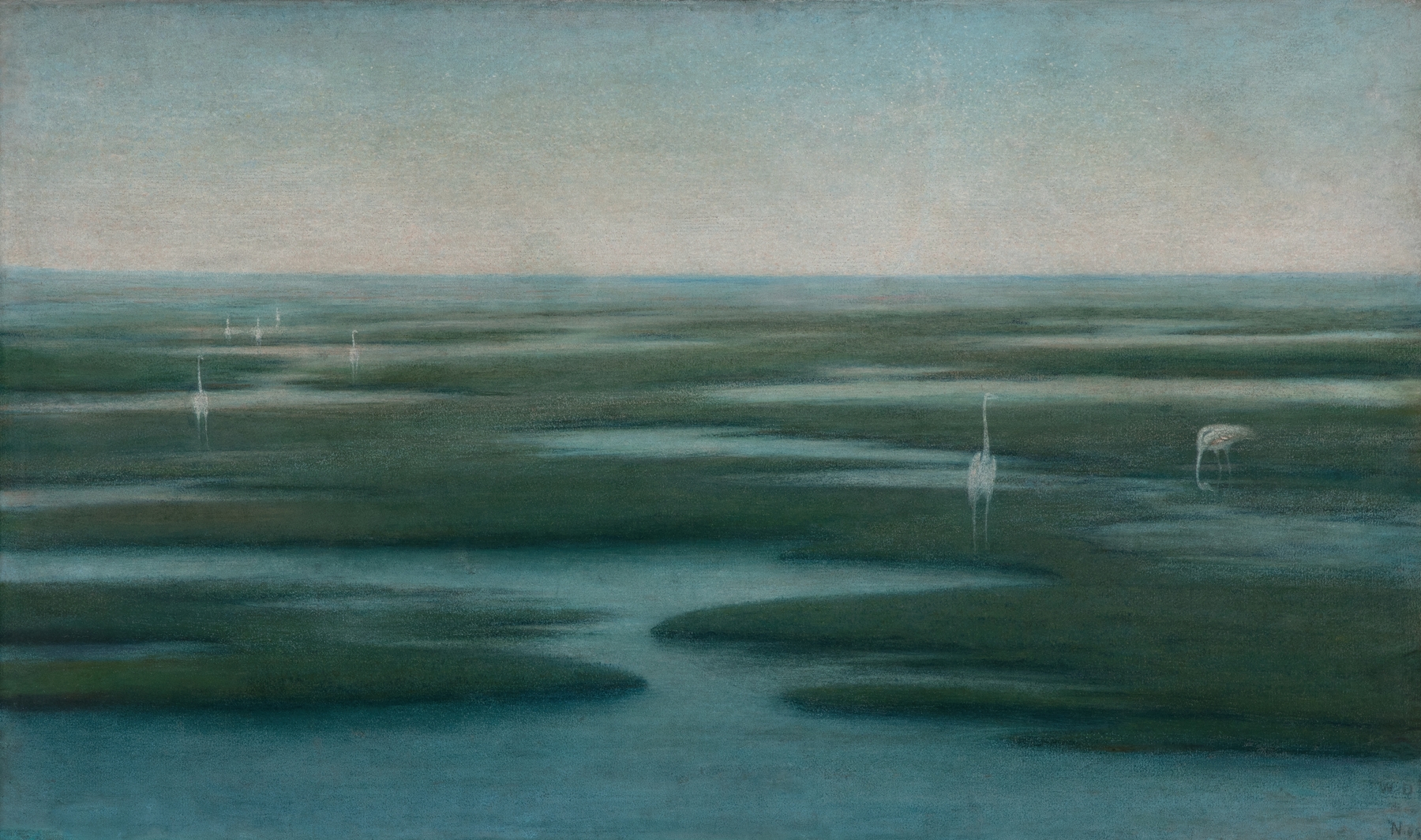 Les flamands blancs, oil on canvas by William Degouve de Nuncques, featuring flamingos in still water