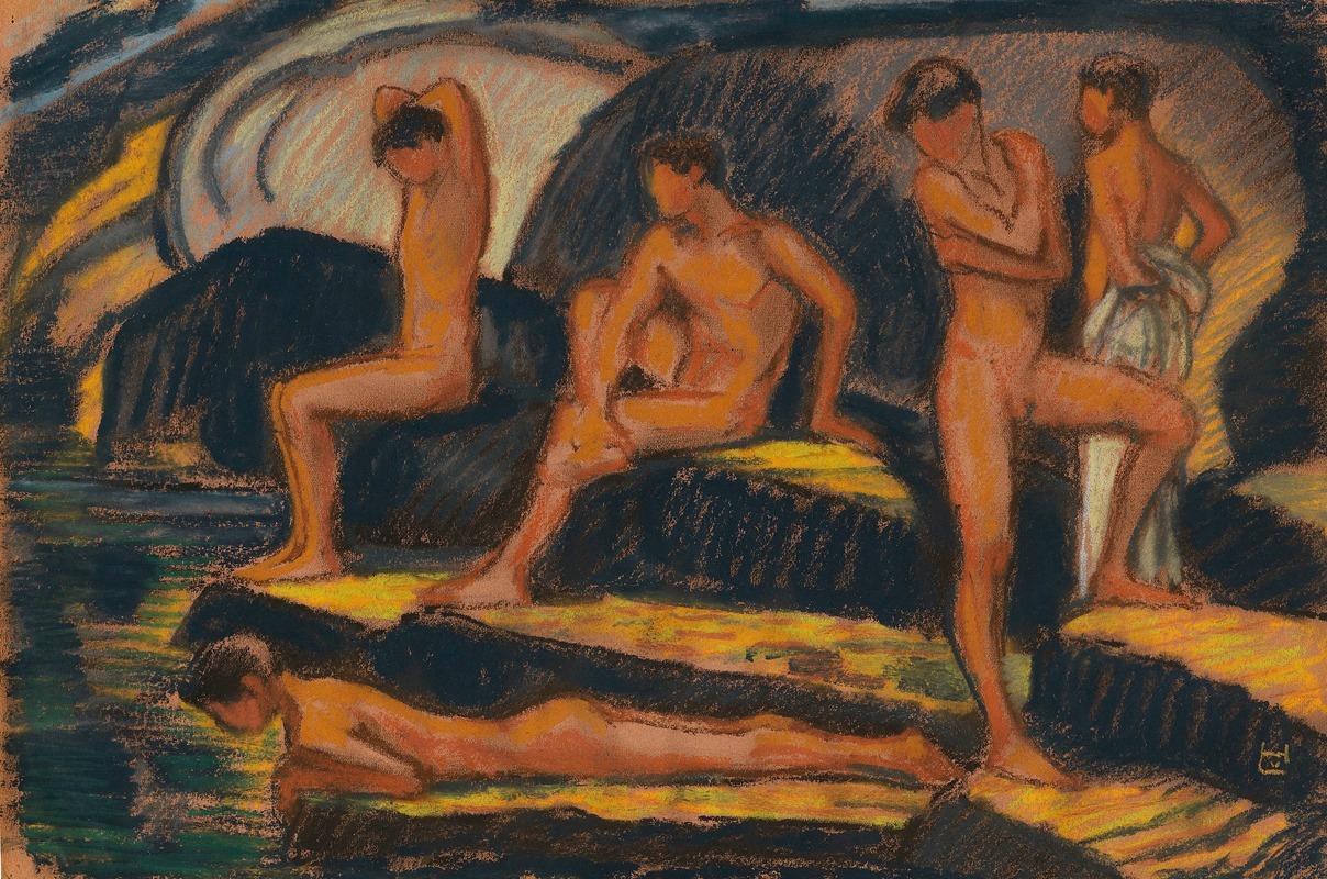 A painting depicting young boys bathing, showcasing vibrant colors and a serene atmosphere.