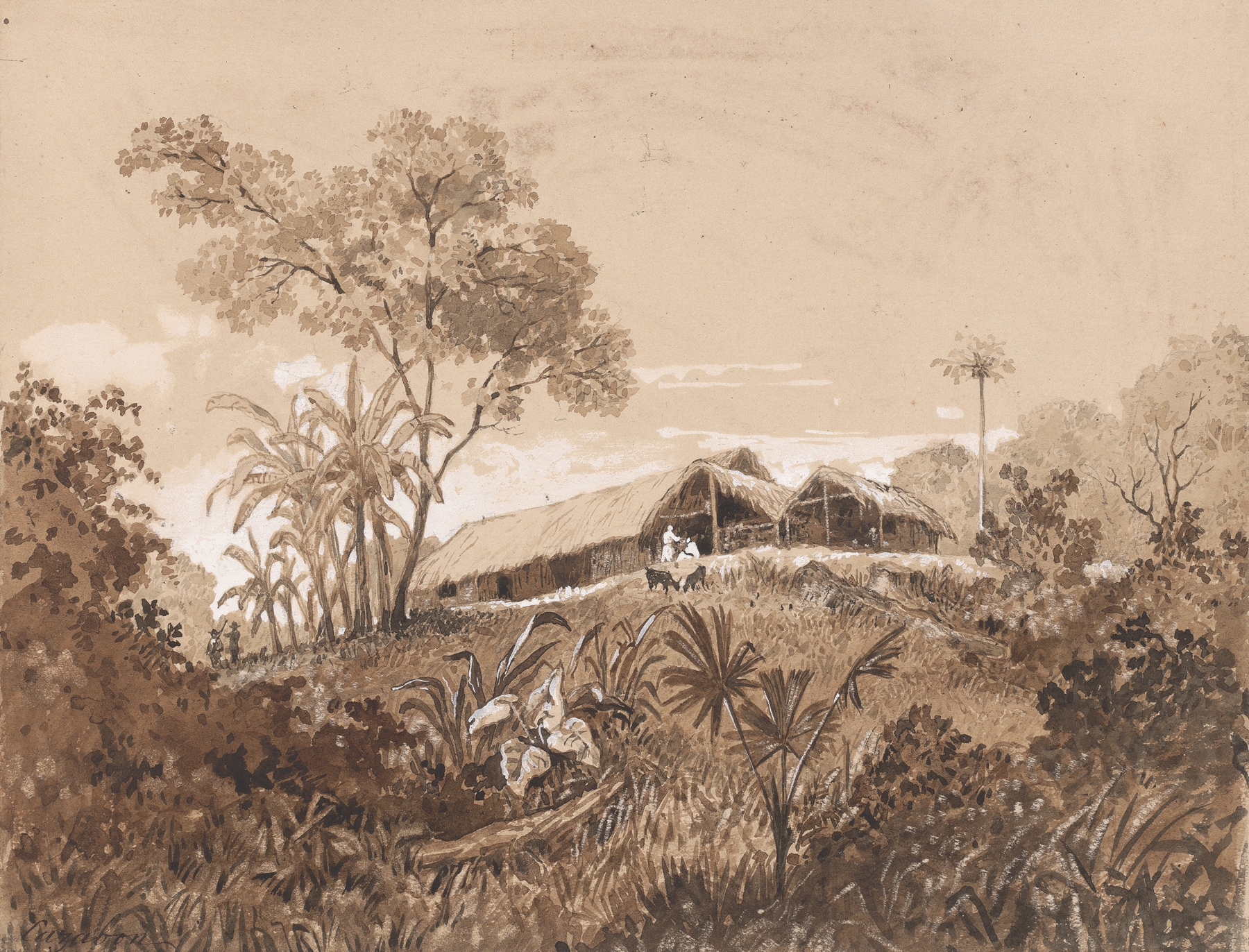 Cottage at Tamana by Michel Jean Cazabon, oil on canvas depicting a sunlit landscape.