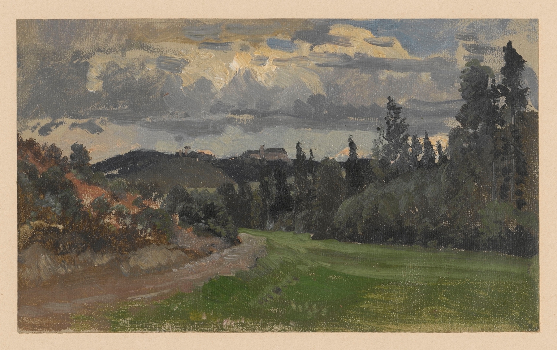 View of Książ by Adolf Dressler, oil on canvas depicting a tranquil landscape with a castle and river.