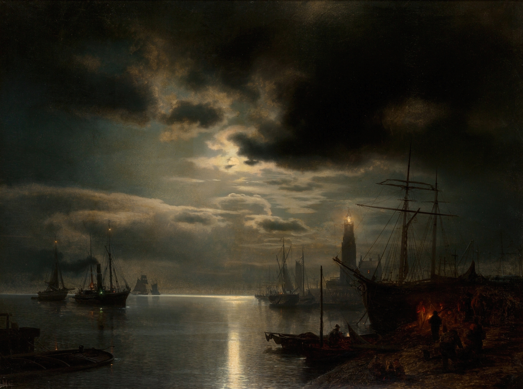 A Moonlit Harbor, oil on canvas by Hermann Ottomar Herzog, featuring boats and moonlight reflections.