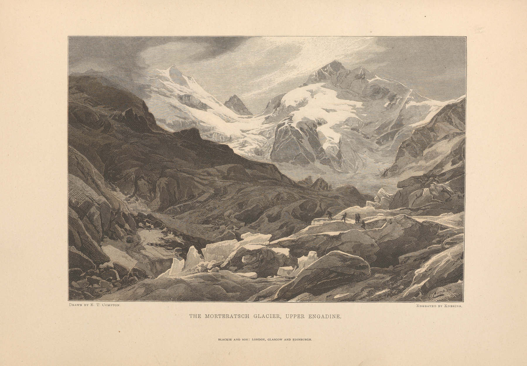 E.‎ ‎T.‎ ‎Compton – The‎ ‎Morteratsch‎ ‎Glacier,‎ ‎Upper‎ ‎Engadine, by Theodor Gsell Fels, public domain