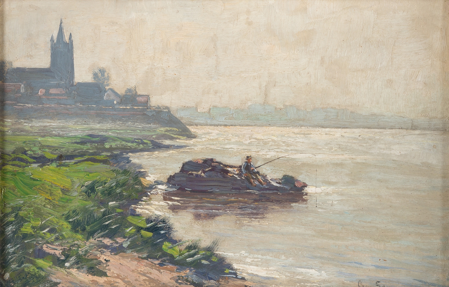 Summer’s Day by the River, oil on canvas by Georg Sommer, depicting a tranquil river scene with golden light.