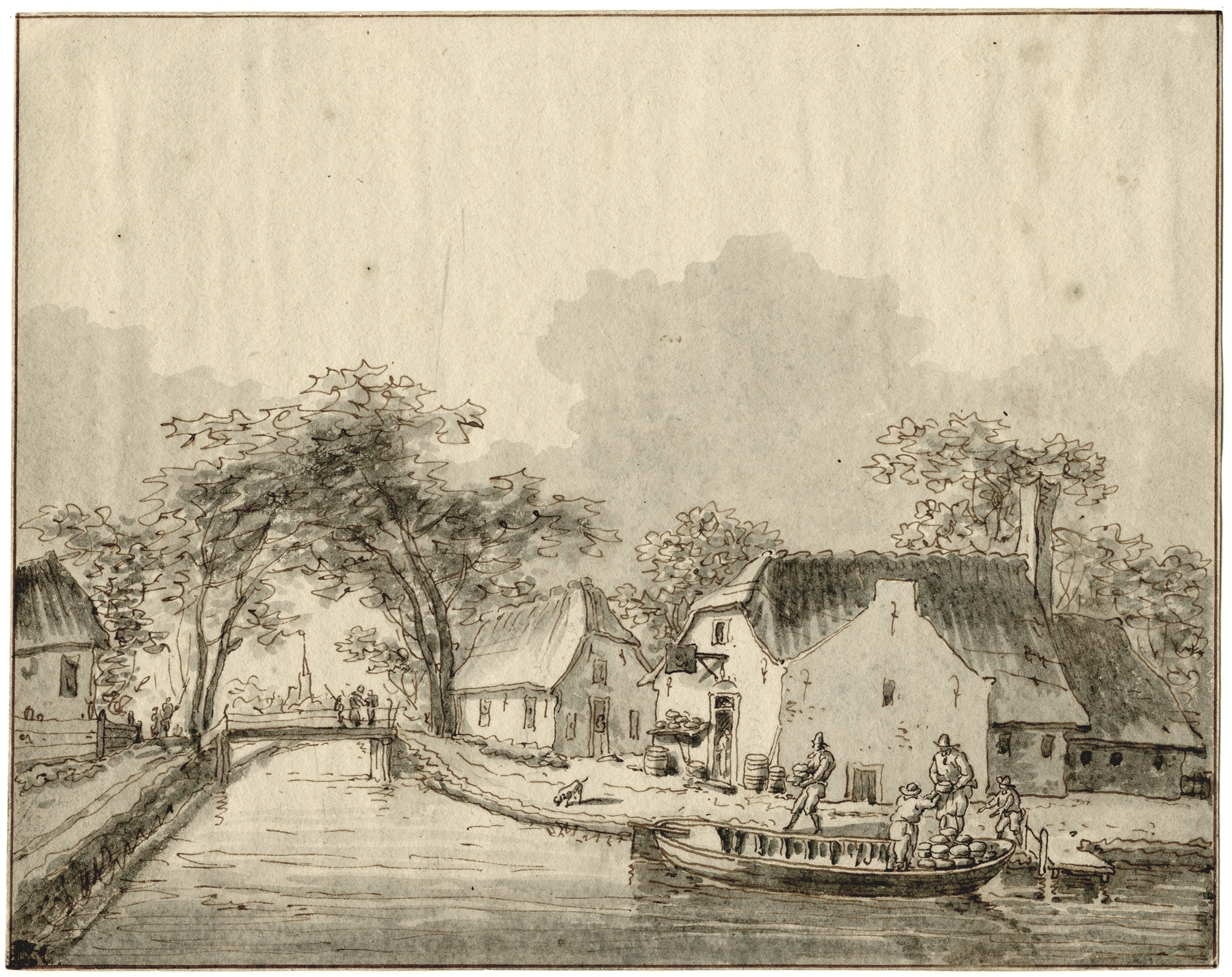 Canal landscape with houses and greenery by Barend Hendrik Thier, medium unknown
