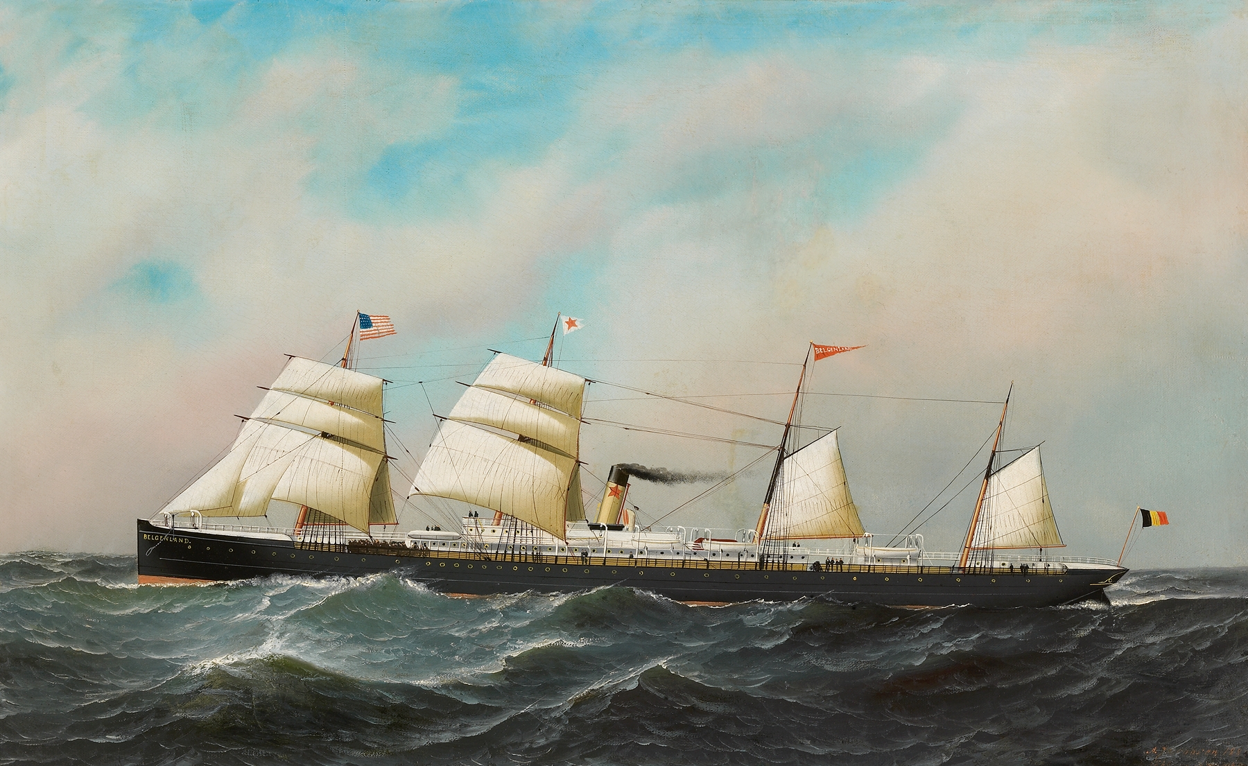 Het stoomschip met hulpzeilvermogen Belgenland, by Antonio Jacobsen, public domain