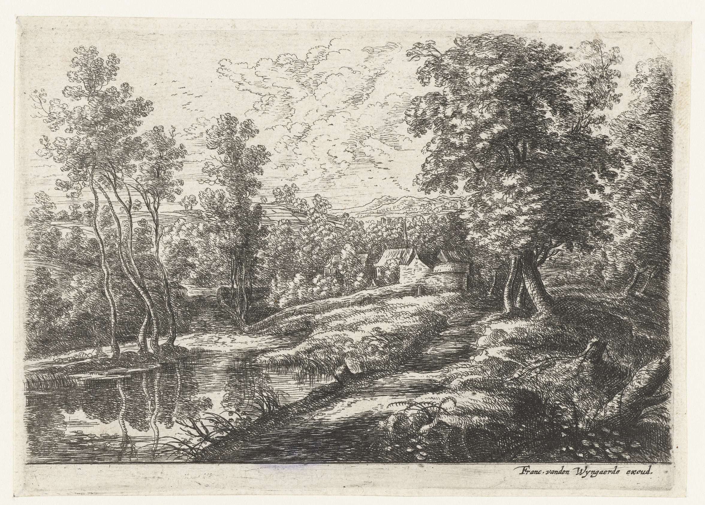 Landschap met huizen en een kerk omring door een muur, etching by Lucas van Uden
