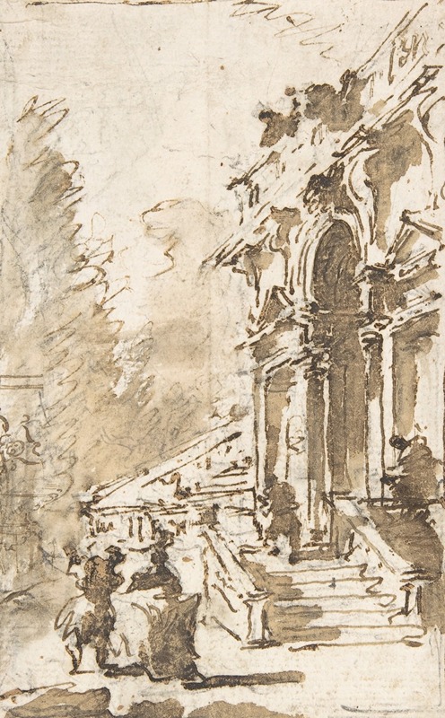 Francesco Guardi's painting depicts a garden entrance to a palace.