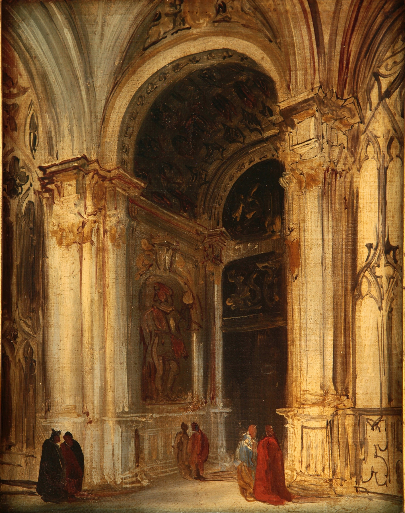 Interior de iglesia by Genaro Pérez Villaamil, oil painting depicting church architecture with golden light.