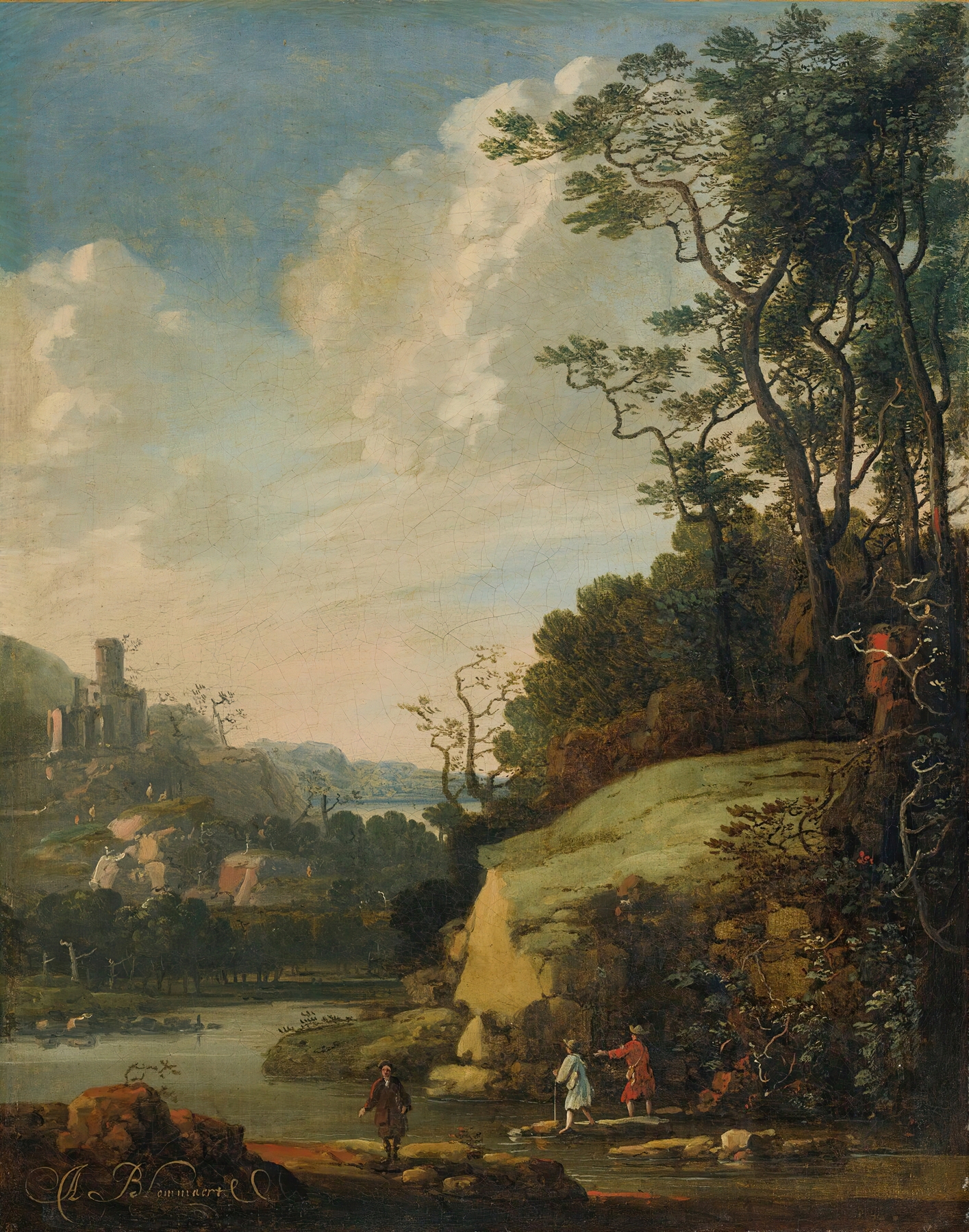 Hilly Landscape With Figures By A River, by Abraham Bloemaert, public domain