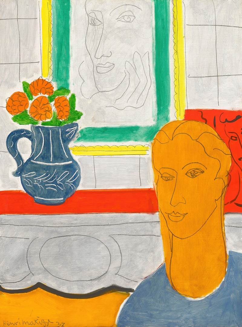 Henri Matisse's 'Figure et bouquet (Tête ocre)' features vibrant colors and abstract forms.