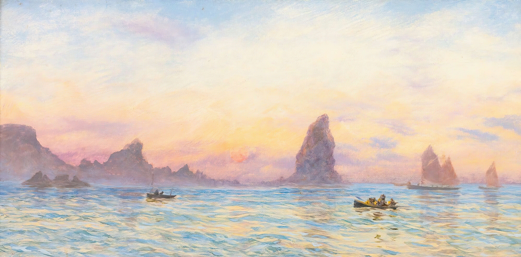 Marine scene with waves crashing against rocks, John Brett, oil painting