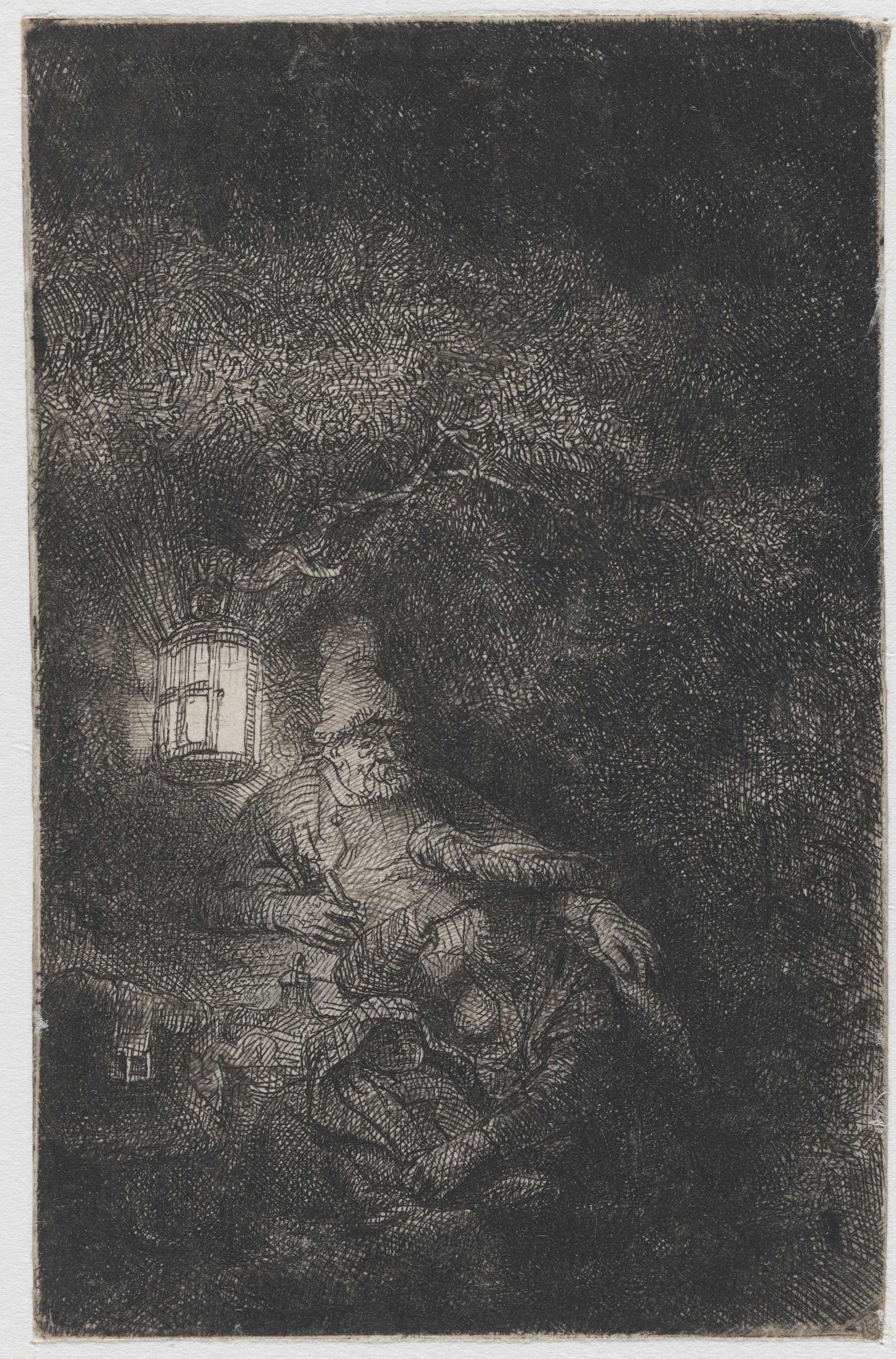 Etching by Rembrandt van Rijn depicting Mary and child Jesus in golden light.