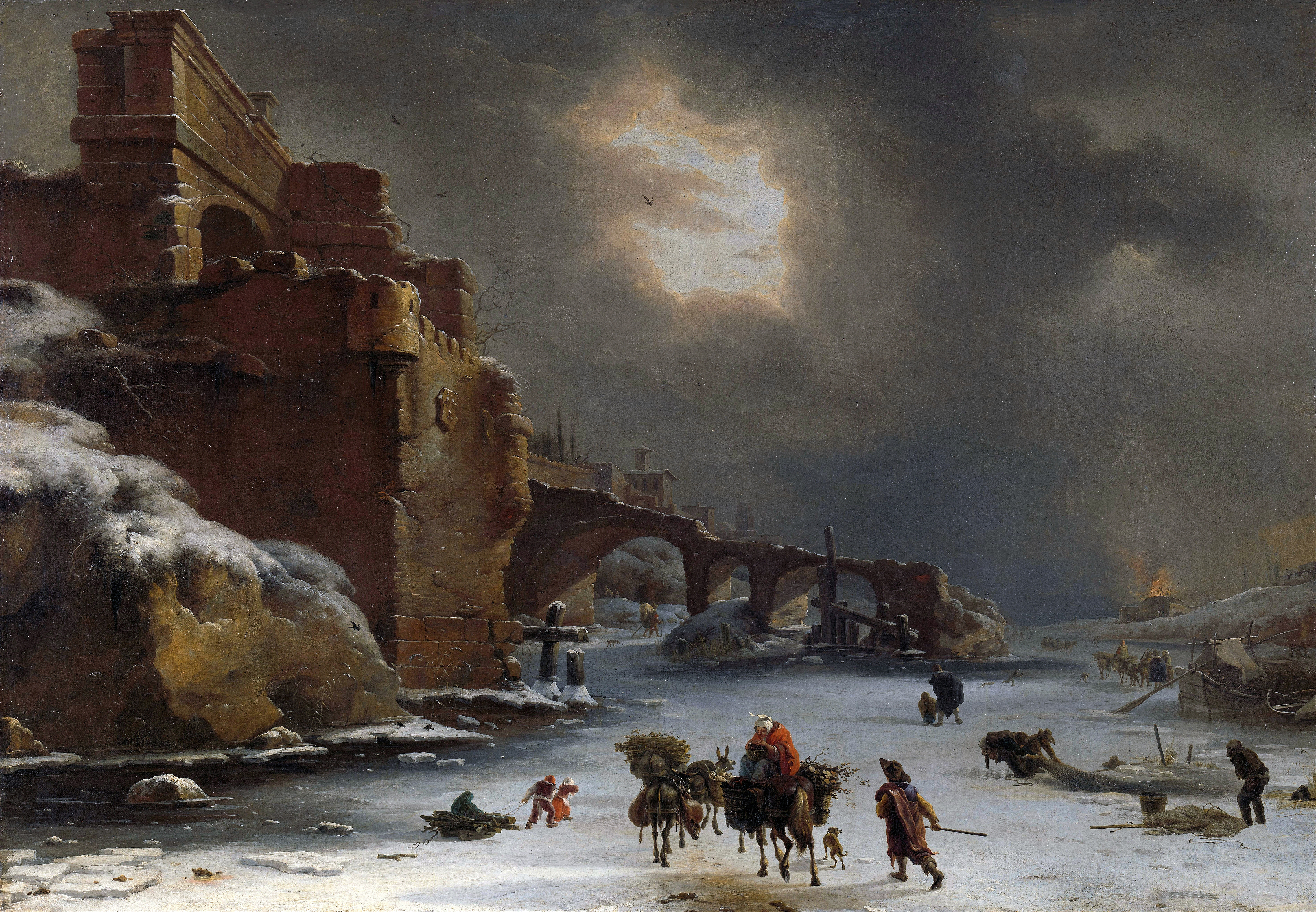 Winter landscape with snow covering cobblestones, oil on canvas by Willem Schellinks