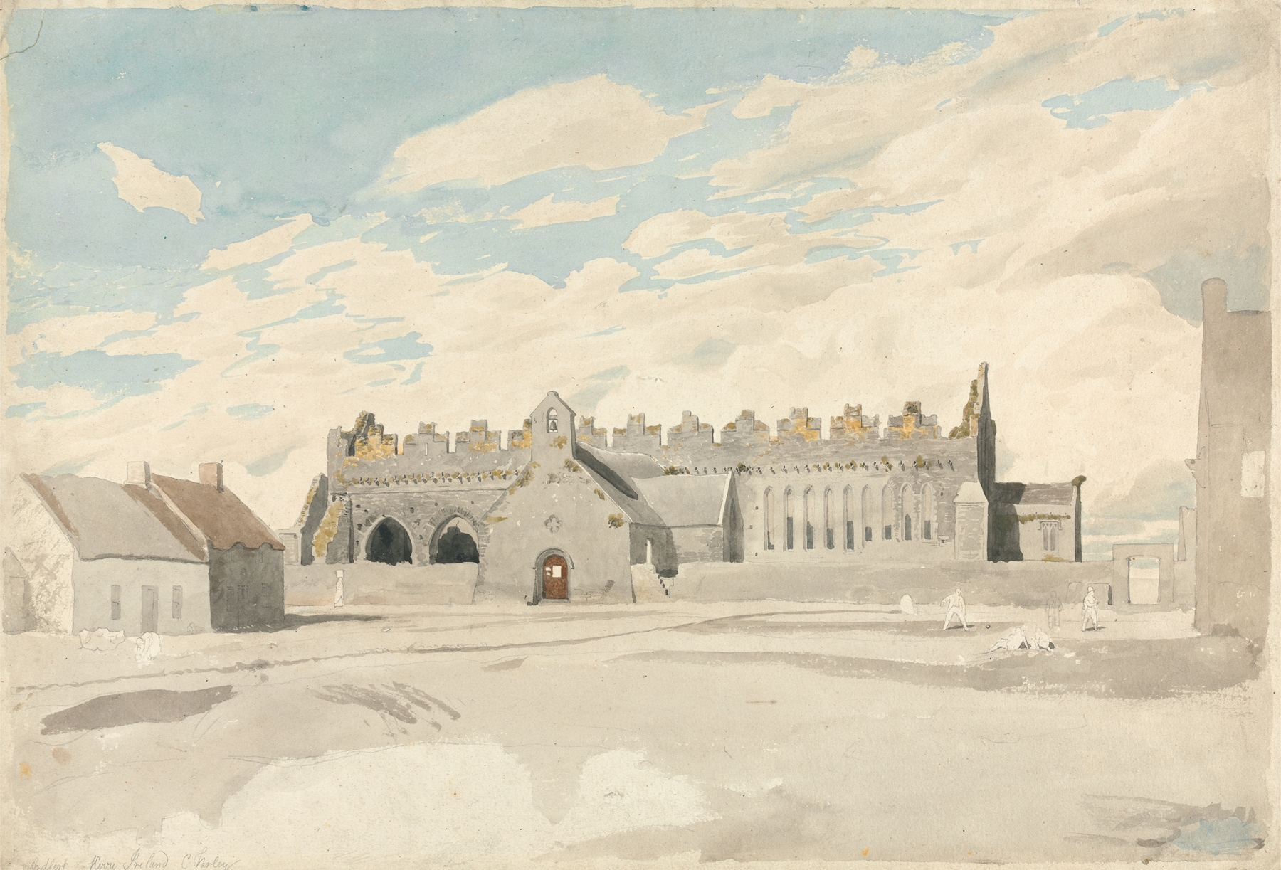 Ardfert Cathedral in watercolor by Cornelius Varley, featuring ancient architecture and a landscape.