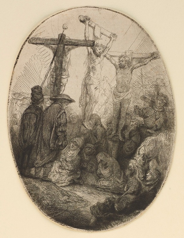 Rembrandt's 'The Crucifixion' depicts a dramatic moment in a religious context.