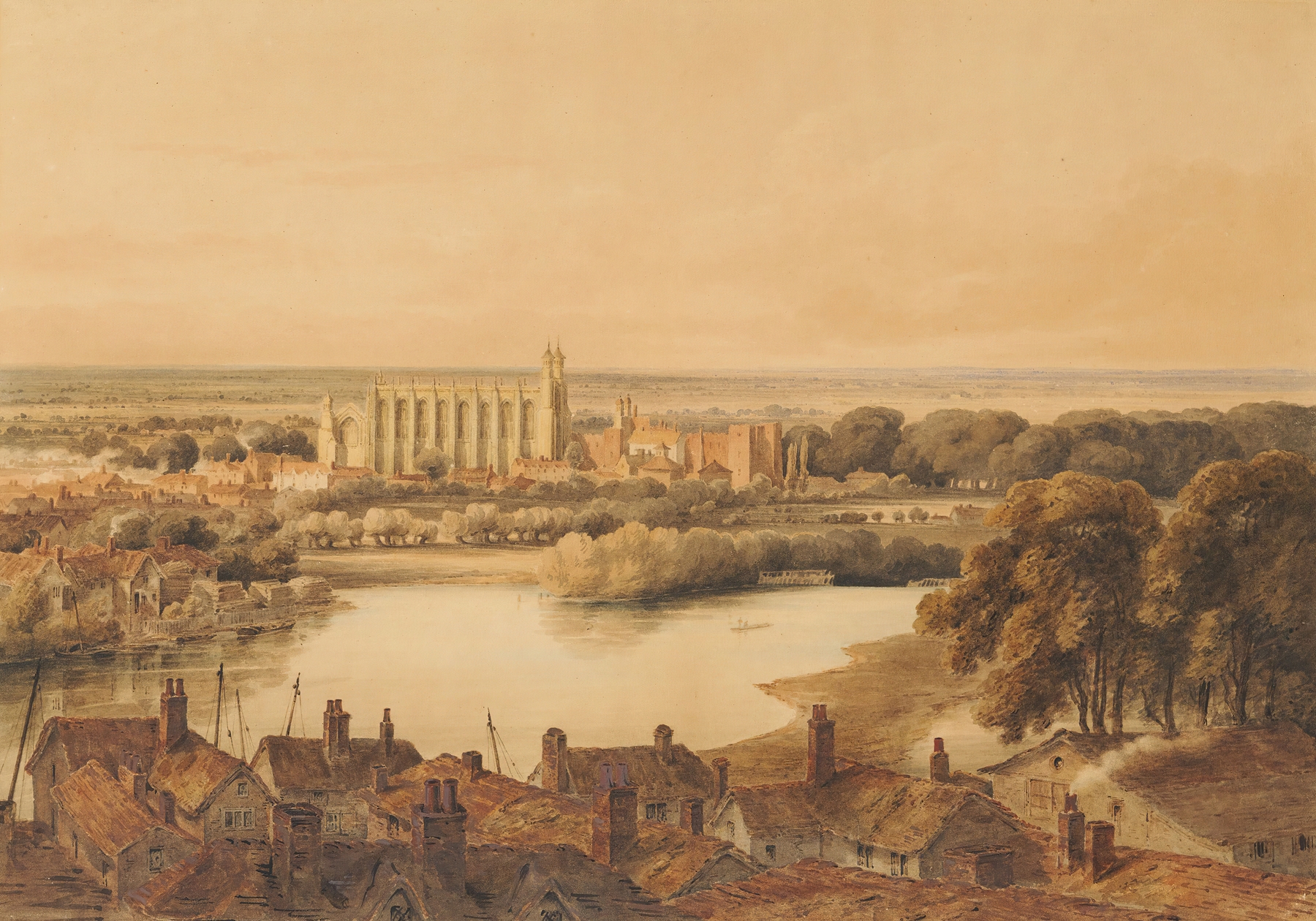 Watercolour by Peter De Wint depicting Eton at twilight with a tranquil riverbank.