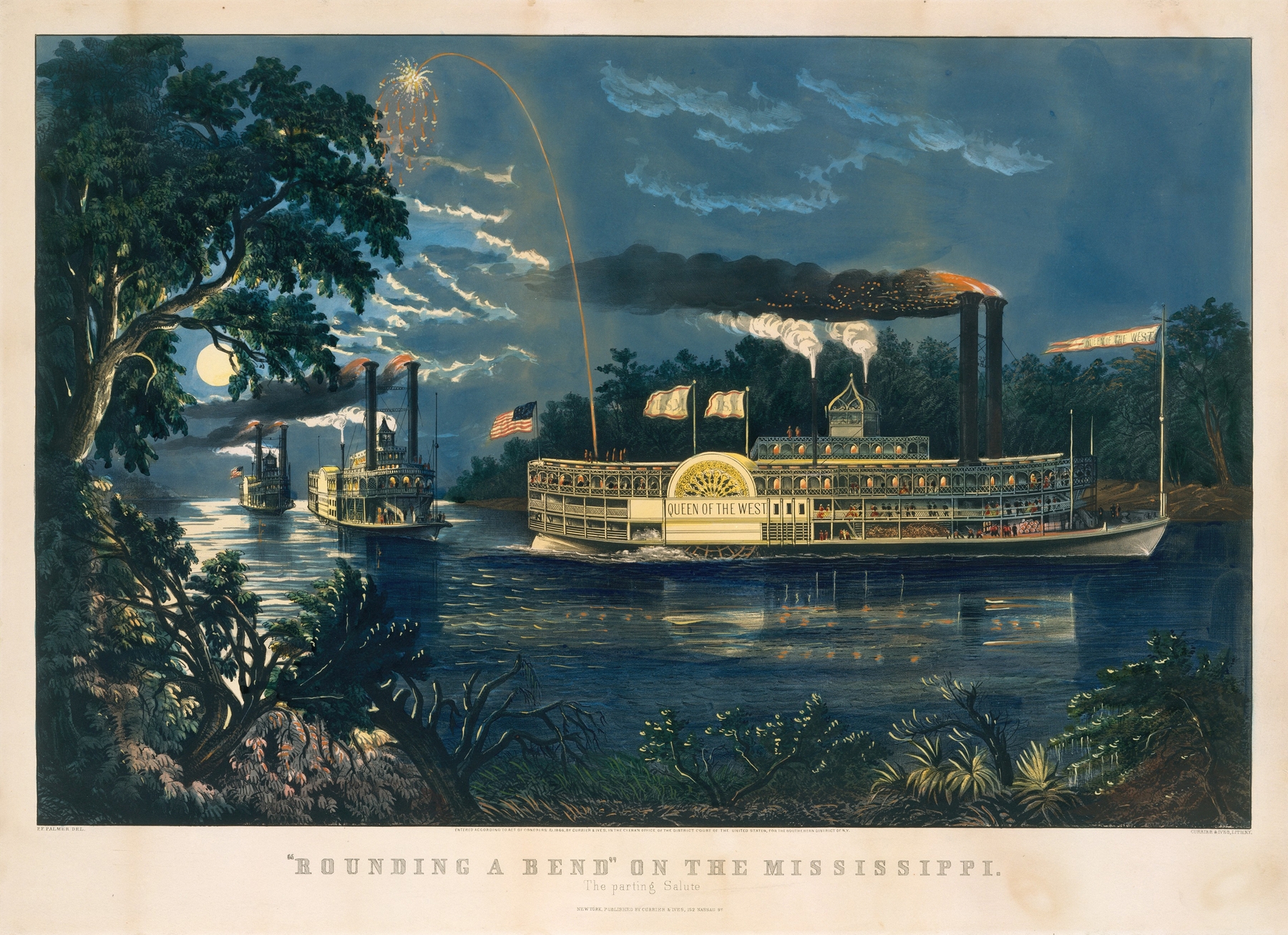 Rounding a Bend on the Mississippi lithograph by Frances Flora Bond Palmer